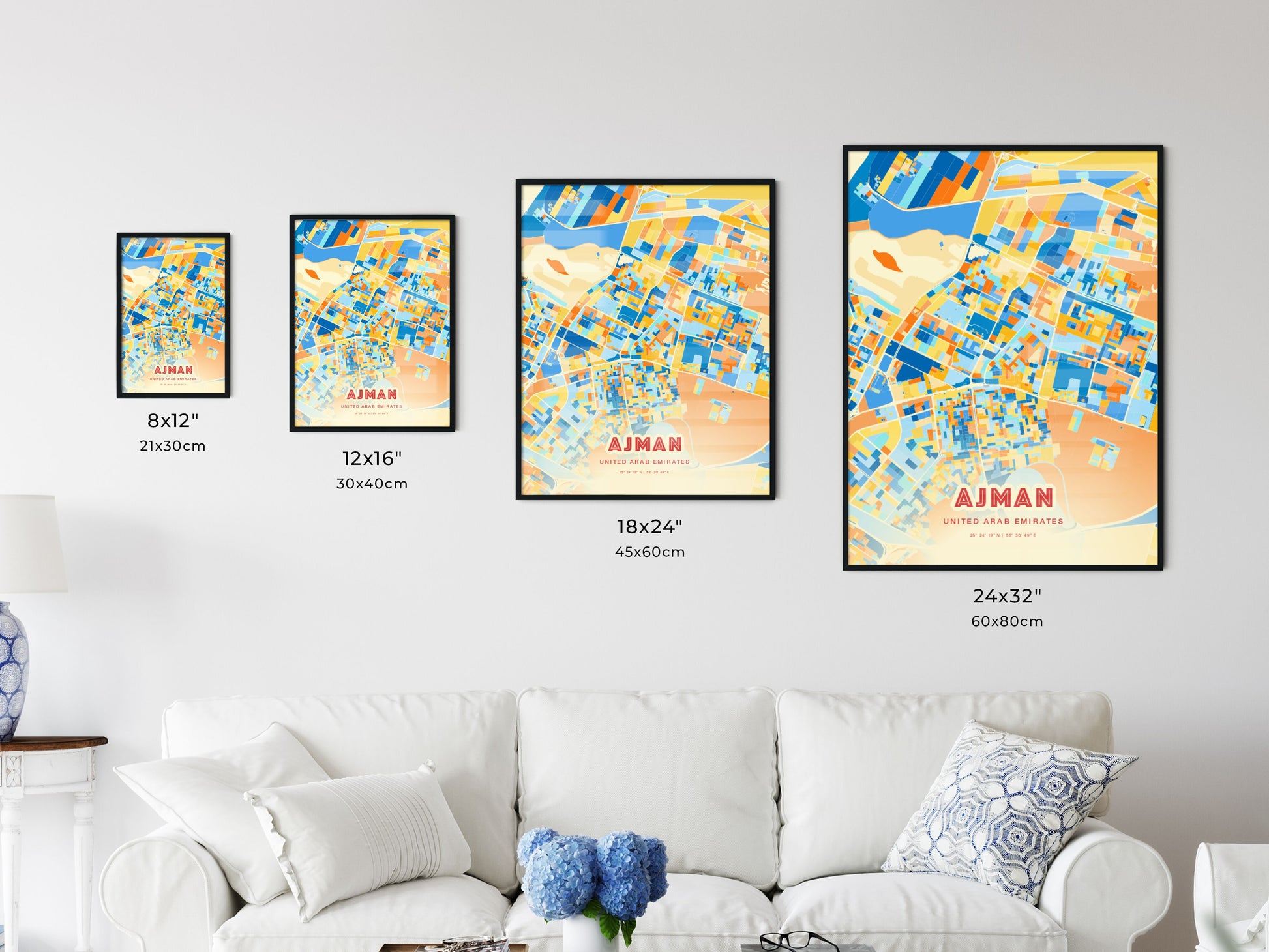 Colorful AJMAN UNITED ARAB EMIRATES Fine Art Map Blue Orange