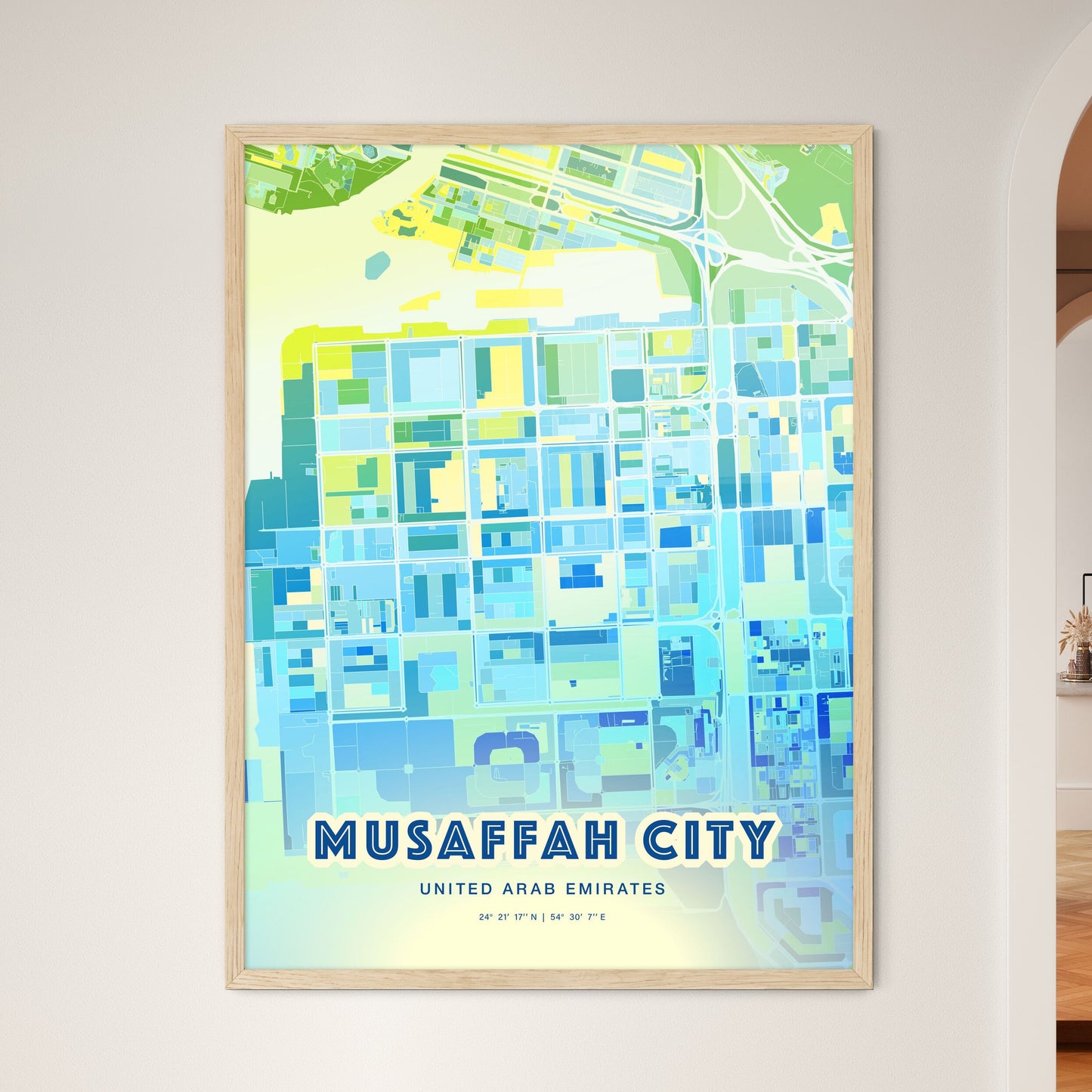 Colorful MUSAFFAH CITY UNITED ARAB EMIRATES Fine Art Map Cool Blue