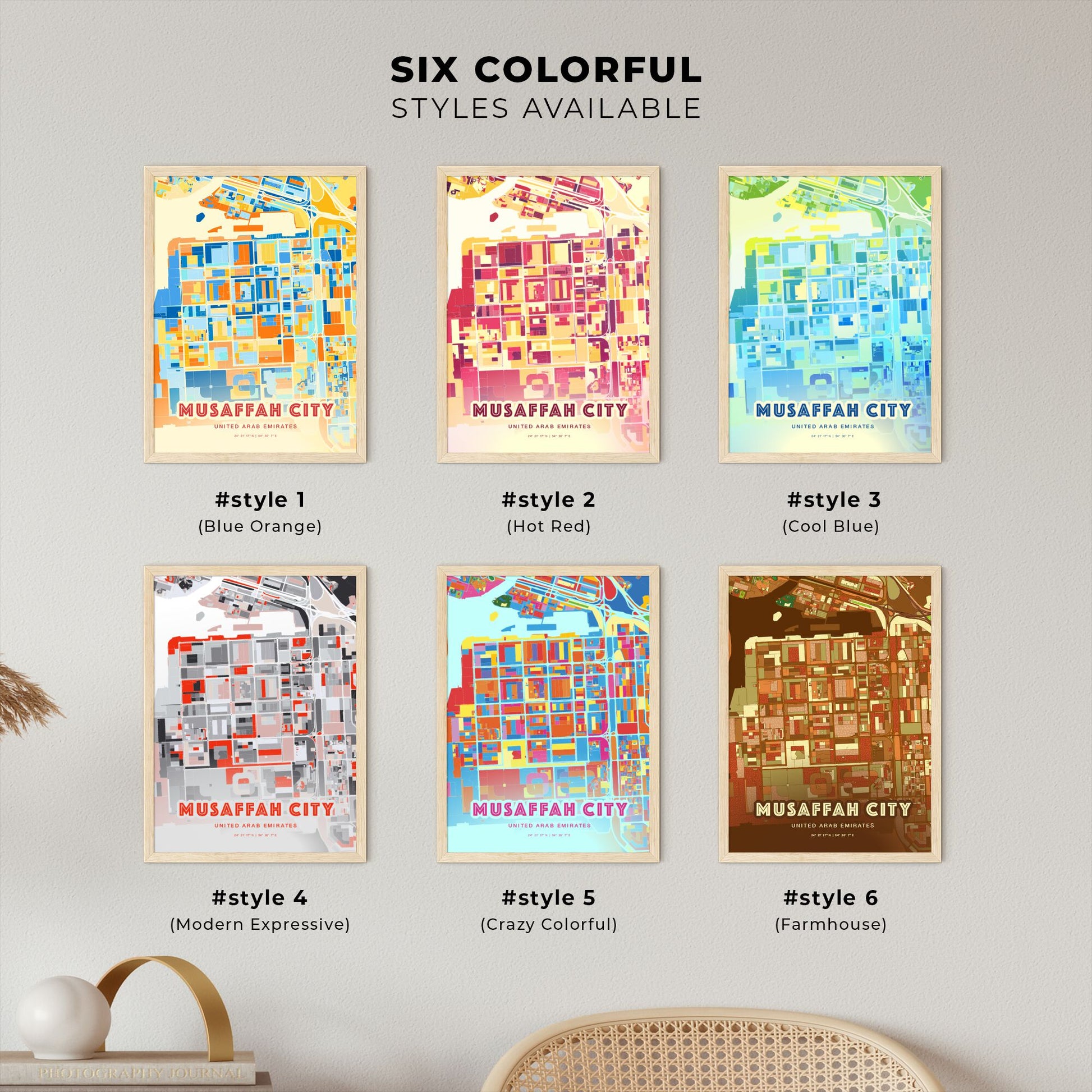 Colorful MUSAFFAH CITY UNITED ARAB EMIRATES Fine Art Map Blue Orange