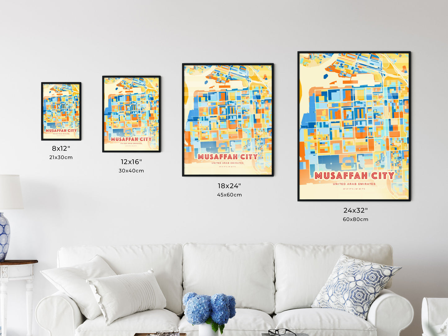 Colorful MUSAFFAH CITY UNITED ARAB EMIRATES Fine Art Map Blue Orange