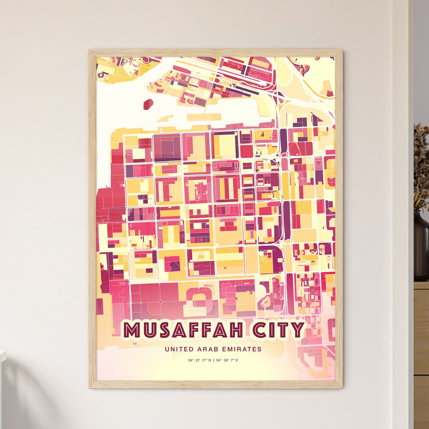 Colorful MUSAFFAH CITY UNITED ARAB EMIRATES Fine Art Map Hot Red