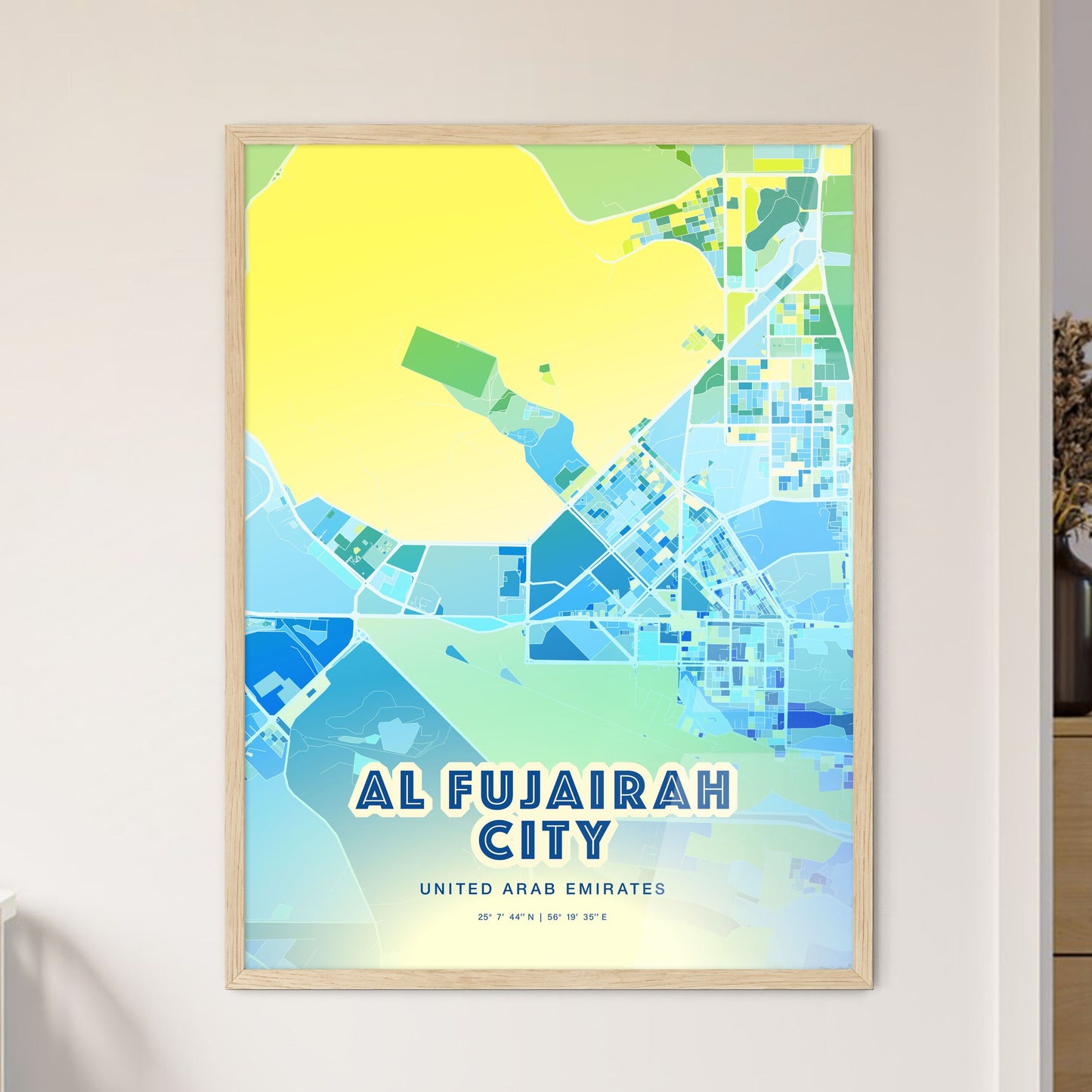 Colorful AL FUJAIRAH CITY UNITED ARAB EMIRATES Fine Art Map Cool Blue