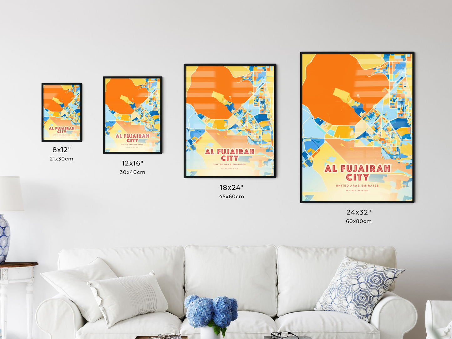 Colorful AL FUJAIRAH CITY UNITED ARAB EMIRATES Fine Art Map Blue Orange