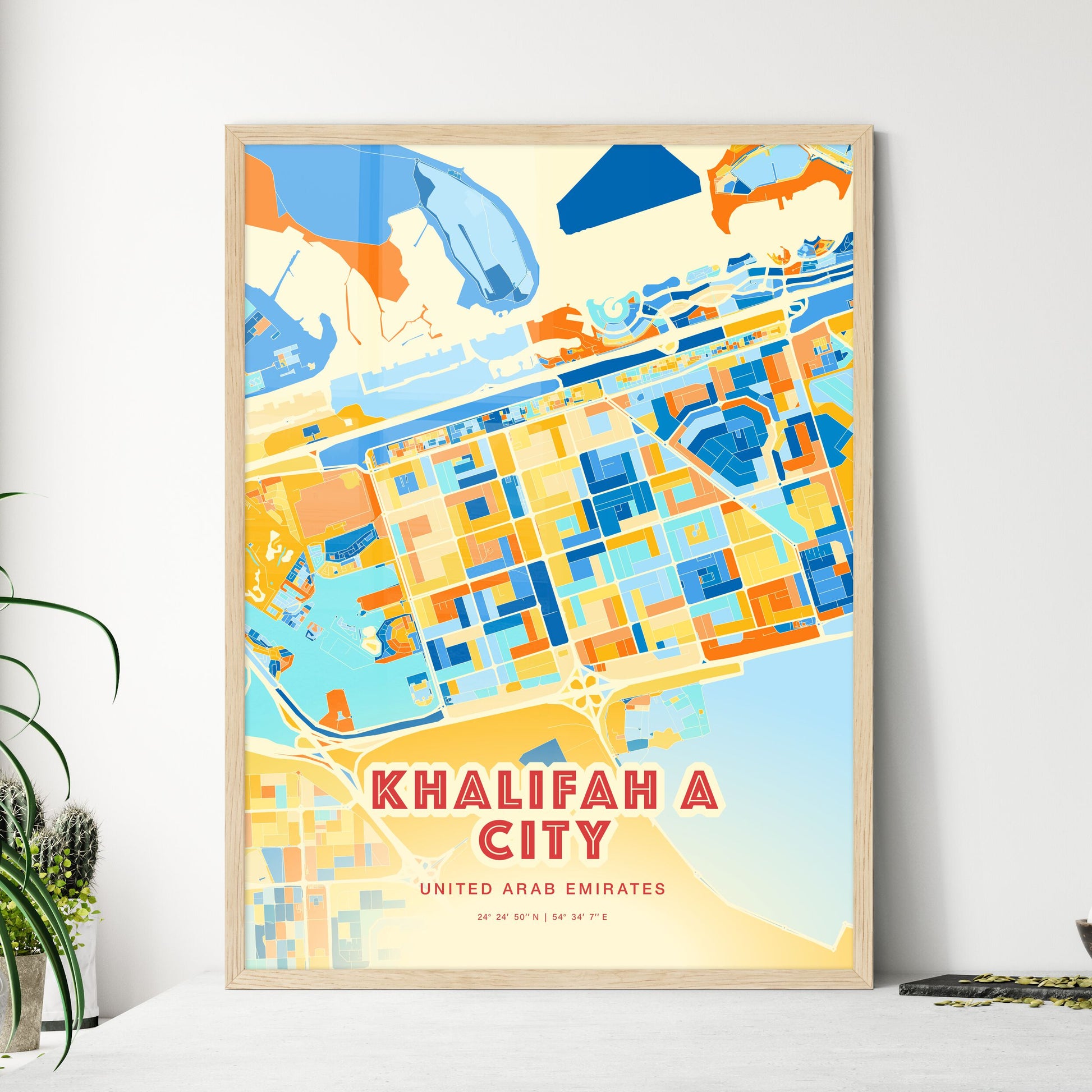 Colorful KHALIFAH A CITY UNITED ARAB EMIRATES Fine Art Map Blue Orange