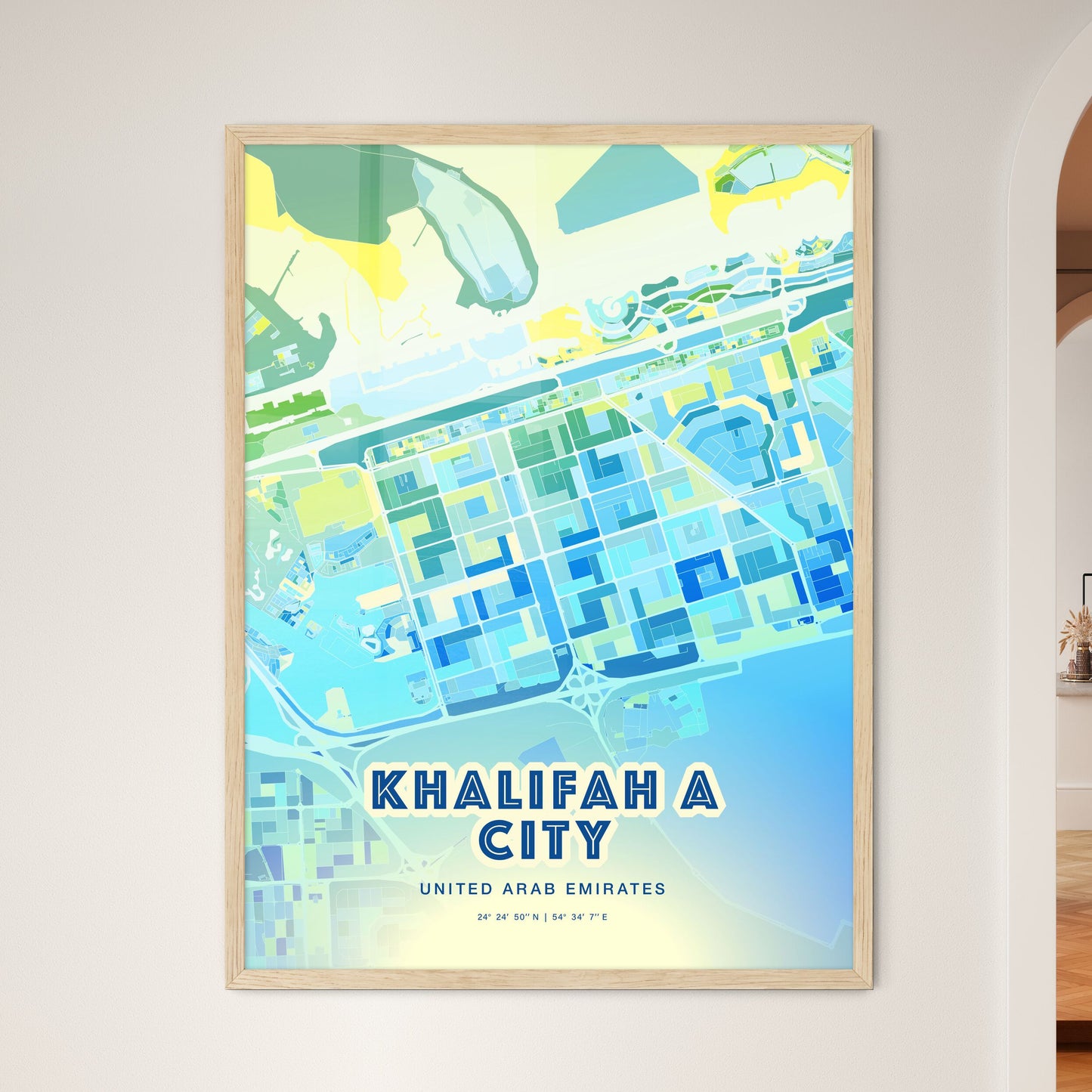 Colorful KHALIFAH A CITY UNITED ARAB EMIRATES Fine Art Map Cool Blue