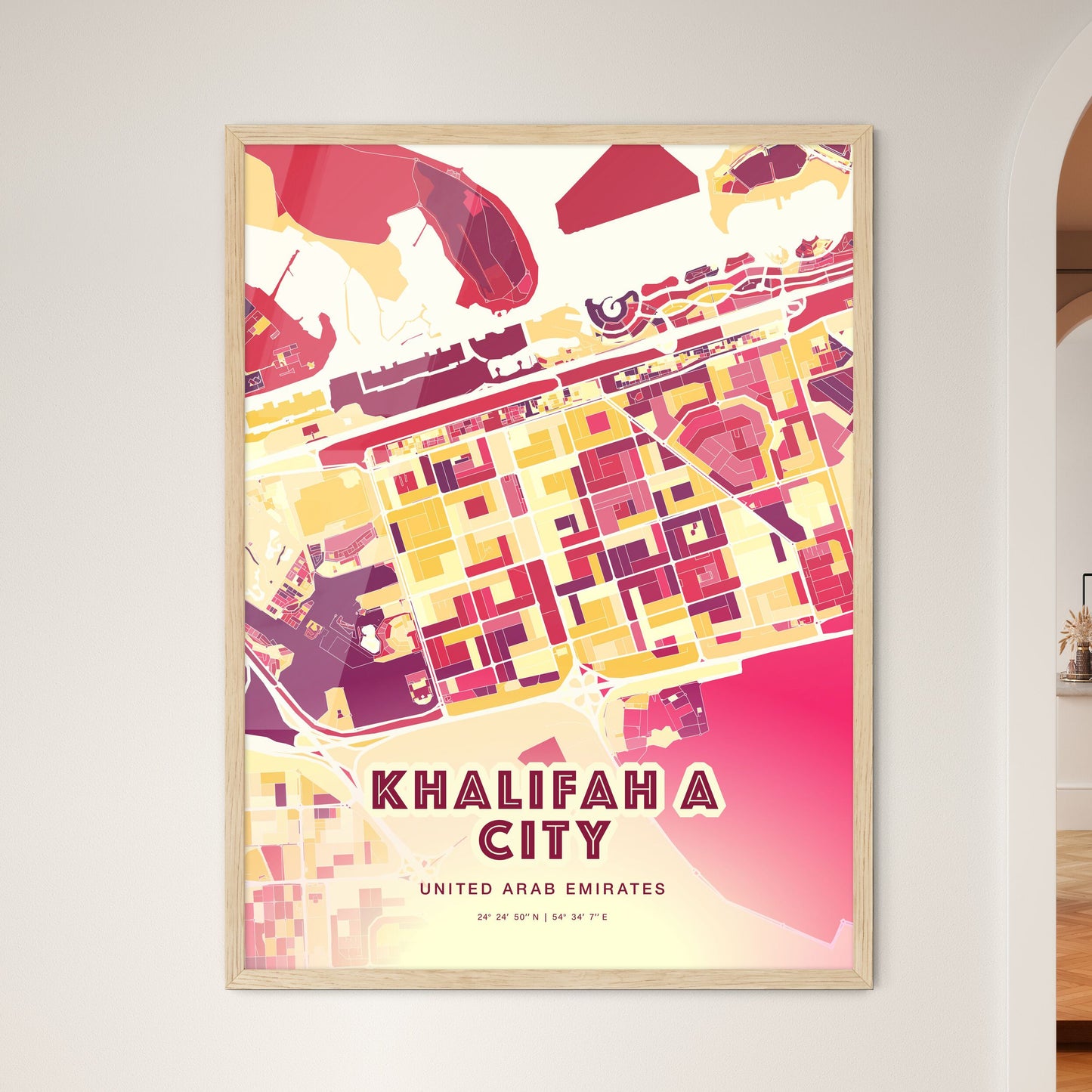 Colorful KHALIFAH A CITY UNITED ARAB EMIRATES Fine Art Map Hot Red