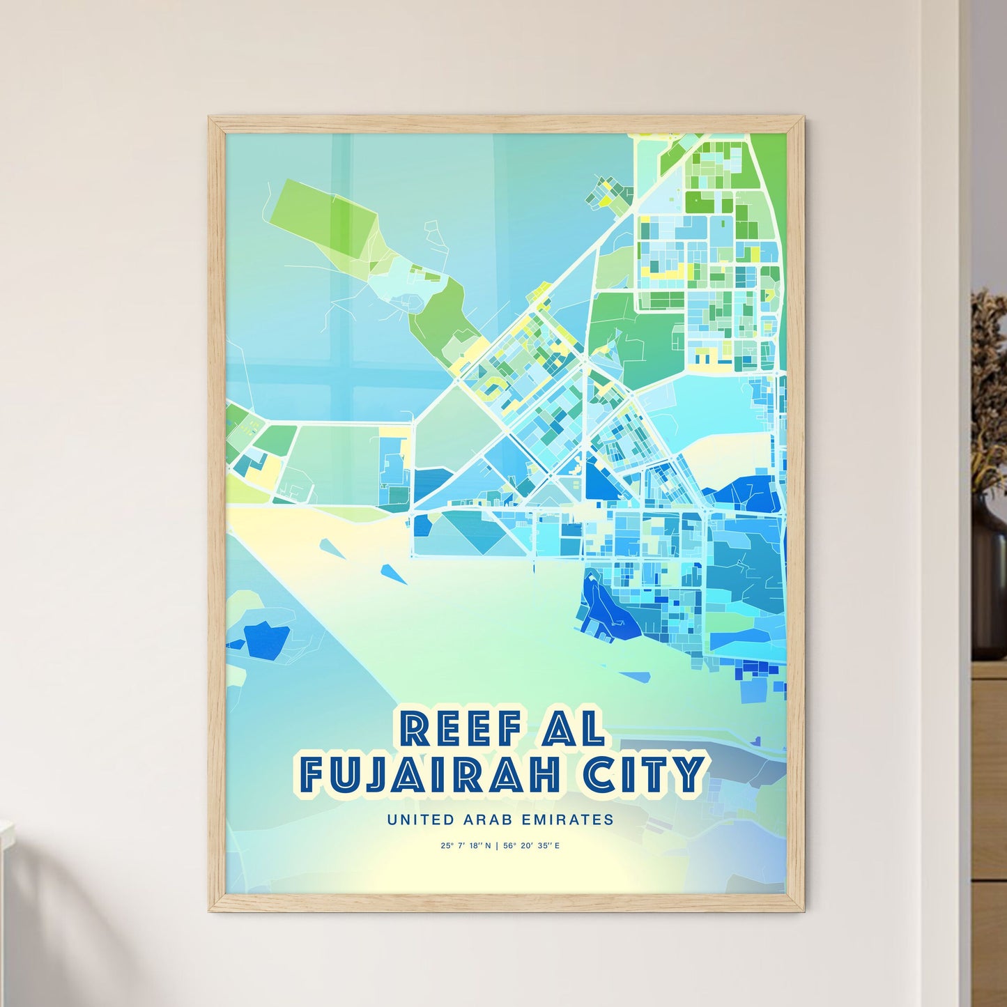 Colorful REEF AL FUJAIRAH CITY UNITED ARAB EMIRATES Fine Art Map Cool Blue