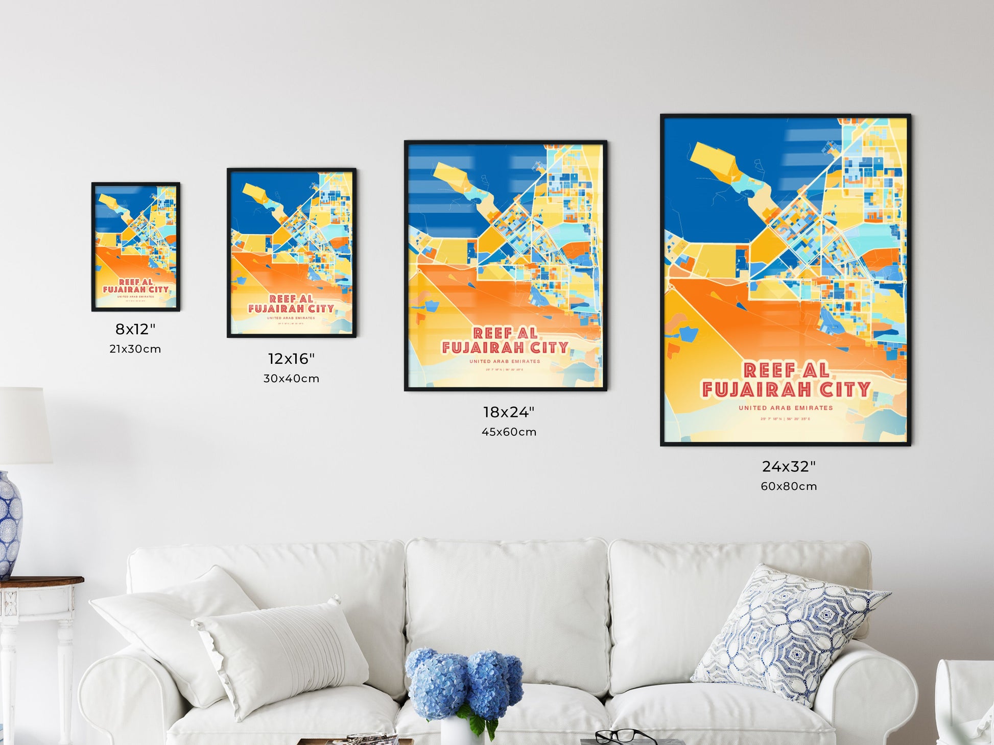 Colorful REEF AL FUJAIRAH CITY UNITED ARAB EMIRATES Fine Art Map Blue Orange