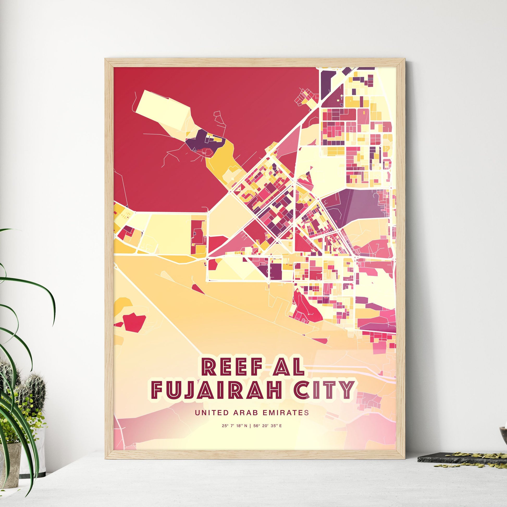 Colorful REEF AL FUJAIRAH CITY UNITED ARAB EMIRATES Fine Art Map Hot Red