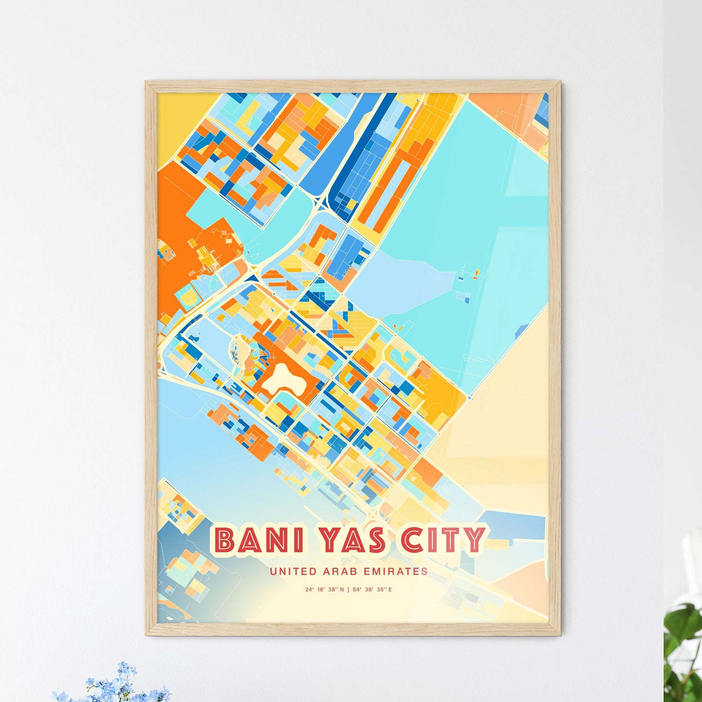 Colorful BANI YAS CITY UNITED ARAB EMIRATES Fine Art Map Blue Orange