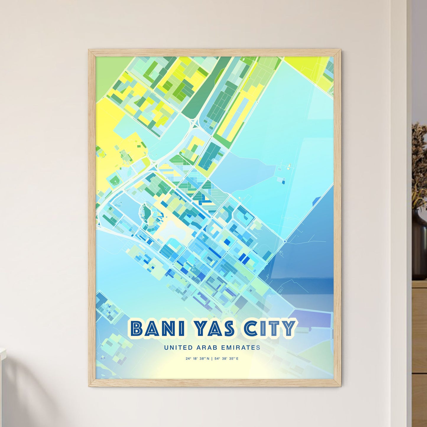 Colorful BANI YAS CITY UNITED ARAB EMIRATES Fine Art Map Cool Blue