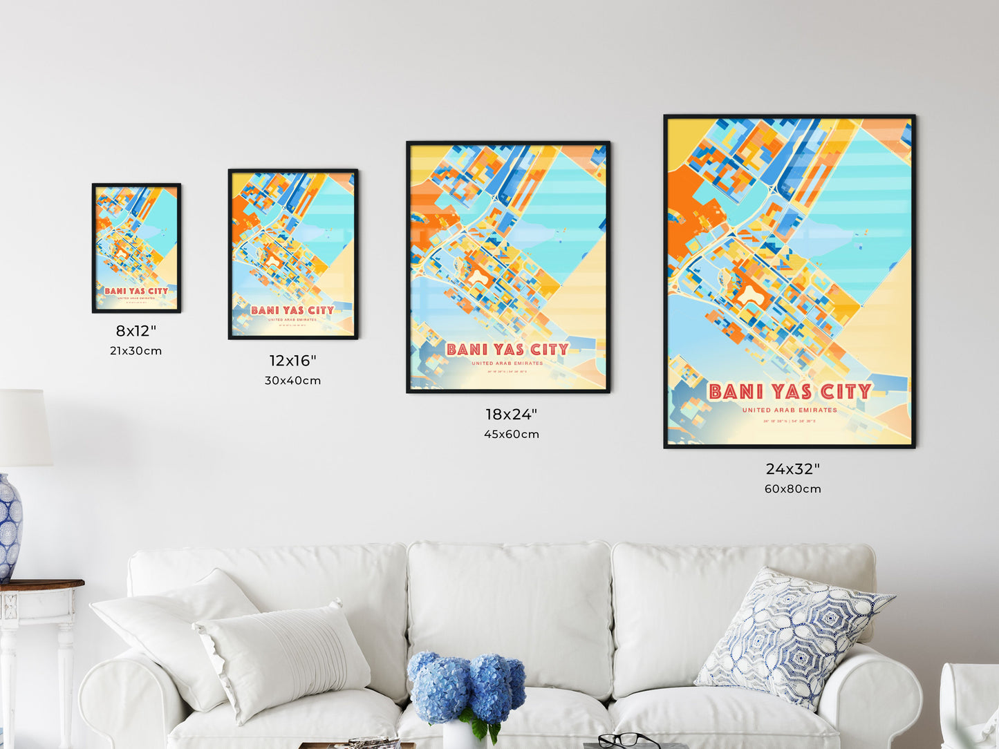 Colorful BANI YAS CITY UNITED ARAB EMIRATES Fine Art Map Blue Orange