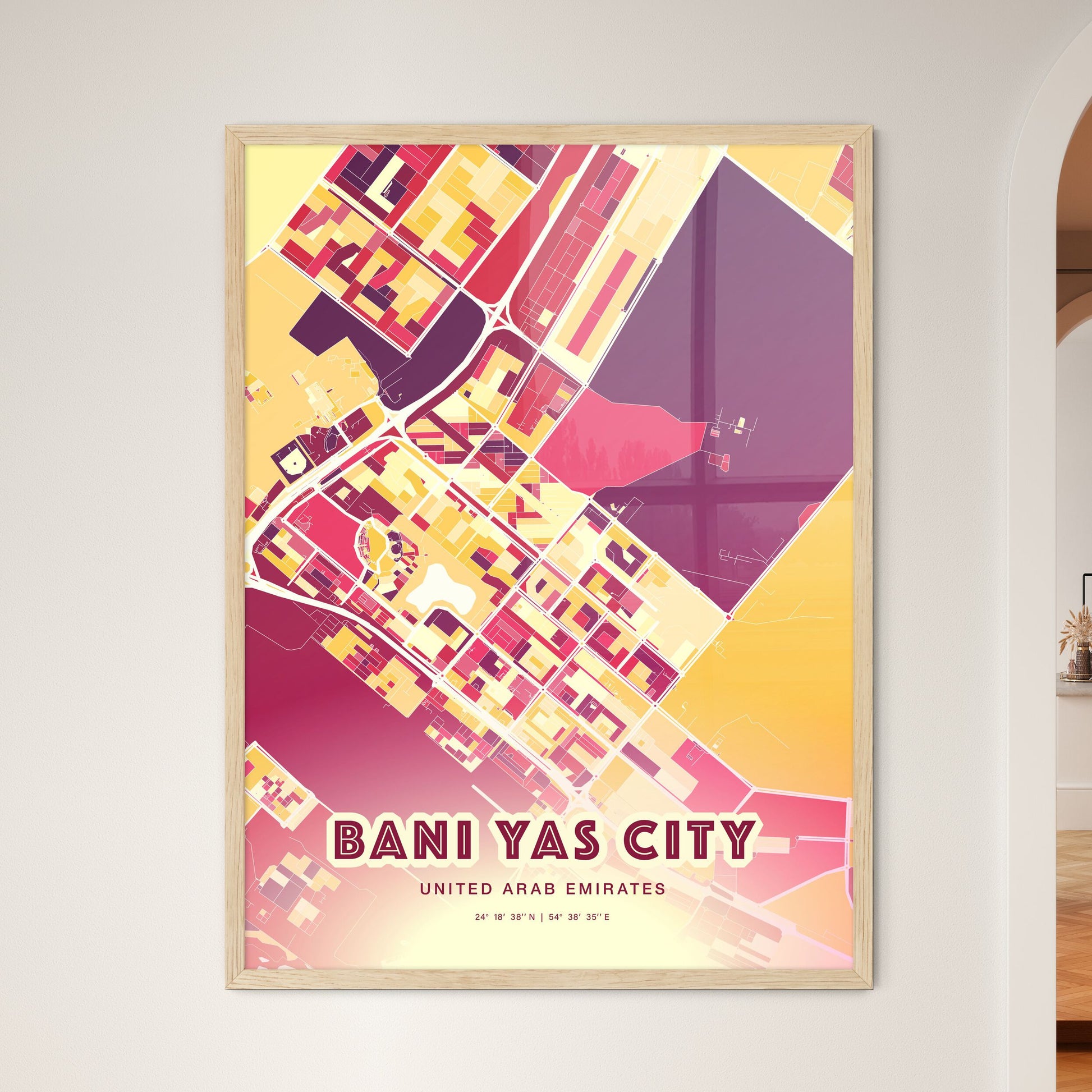 Colorful BANI YAS CITY UNITED ARAB EMIRATES Fine Art Map Hot Red