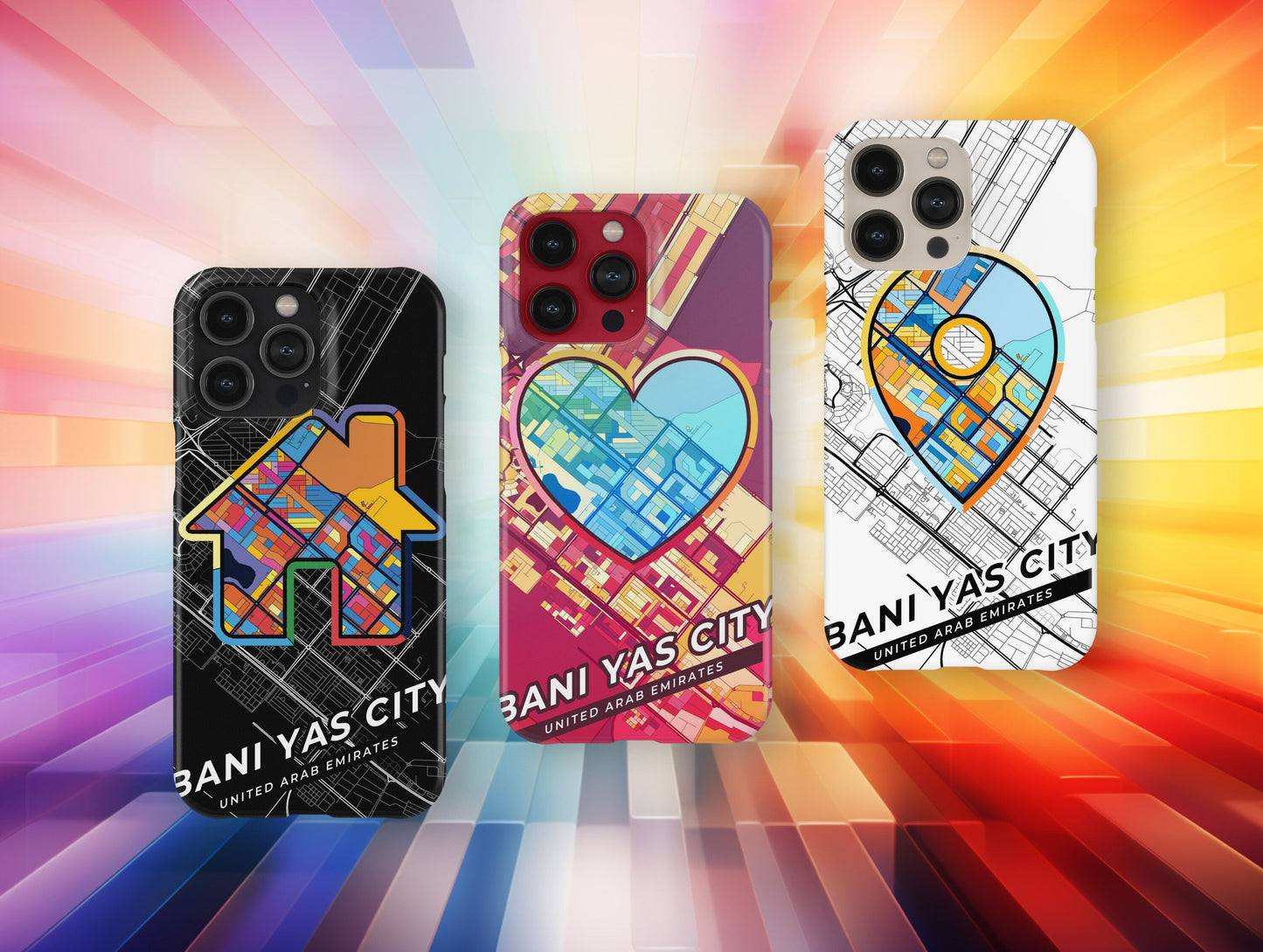 Bani Yas City United Arab Emirates slim phone case with colorful icon. Birthday, wedding or housewarming gift. Couple match cases.