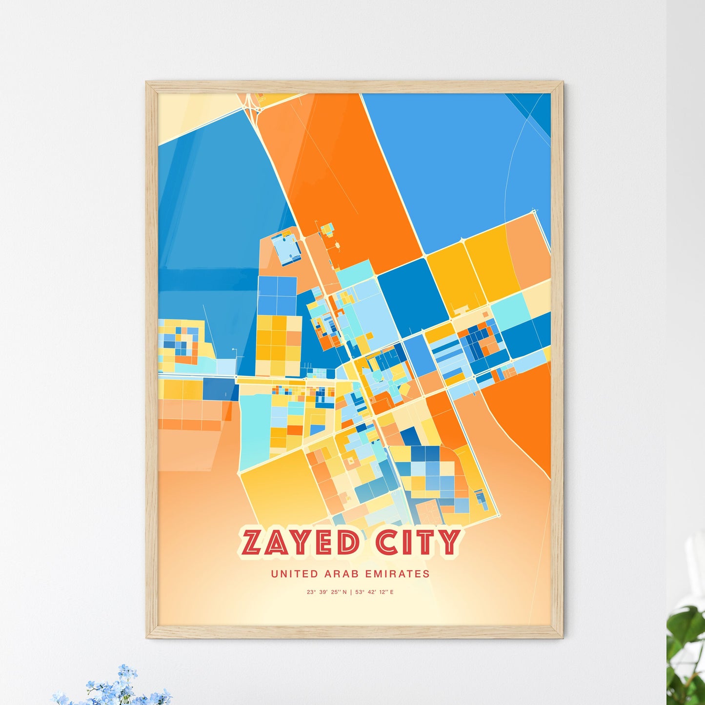 Colorful ZAYED CITY UNITED ARAB EMIRATES Fine Art Map Blue Orange