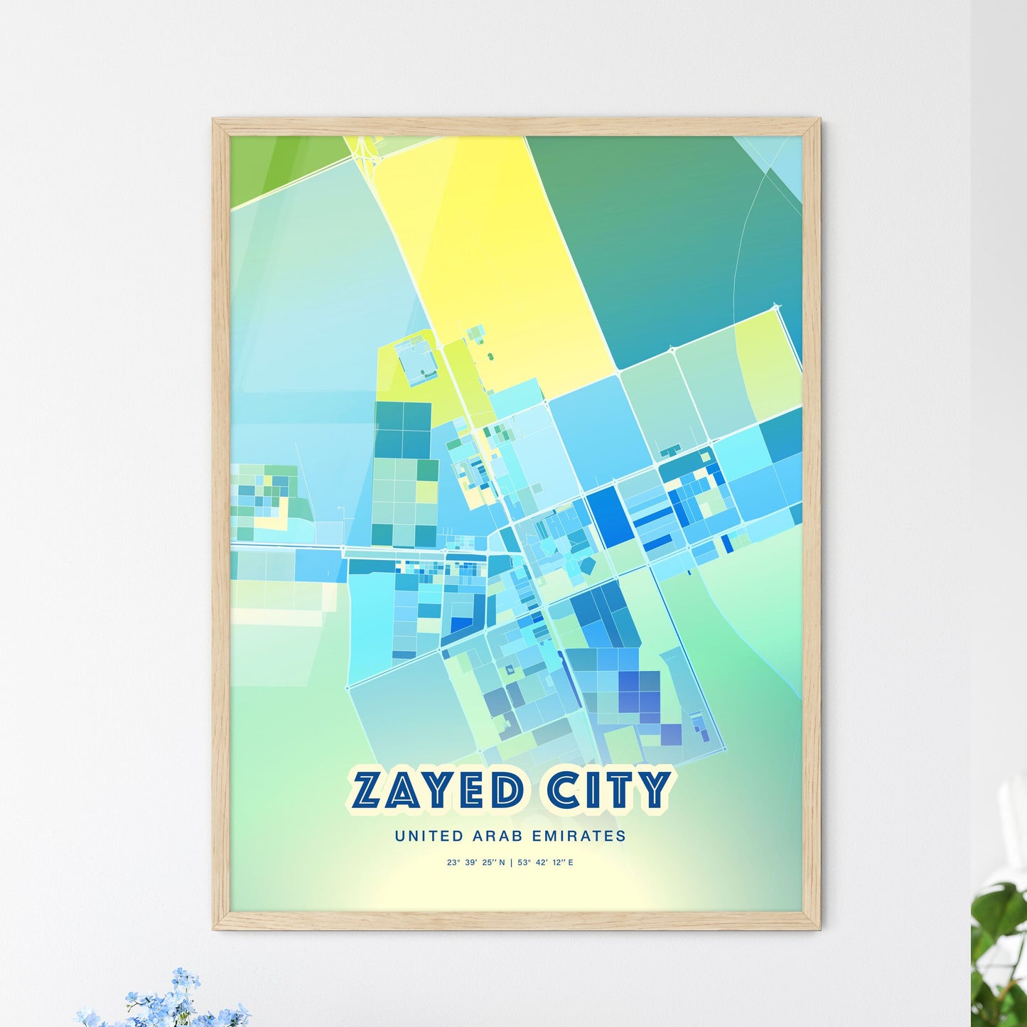 Colorful ZAYED CITY UNITED ARAB EMIRATES Fine Art Map Cool Blue