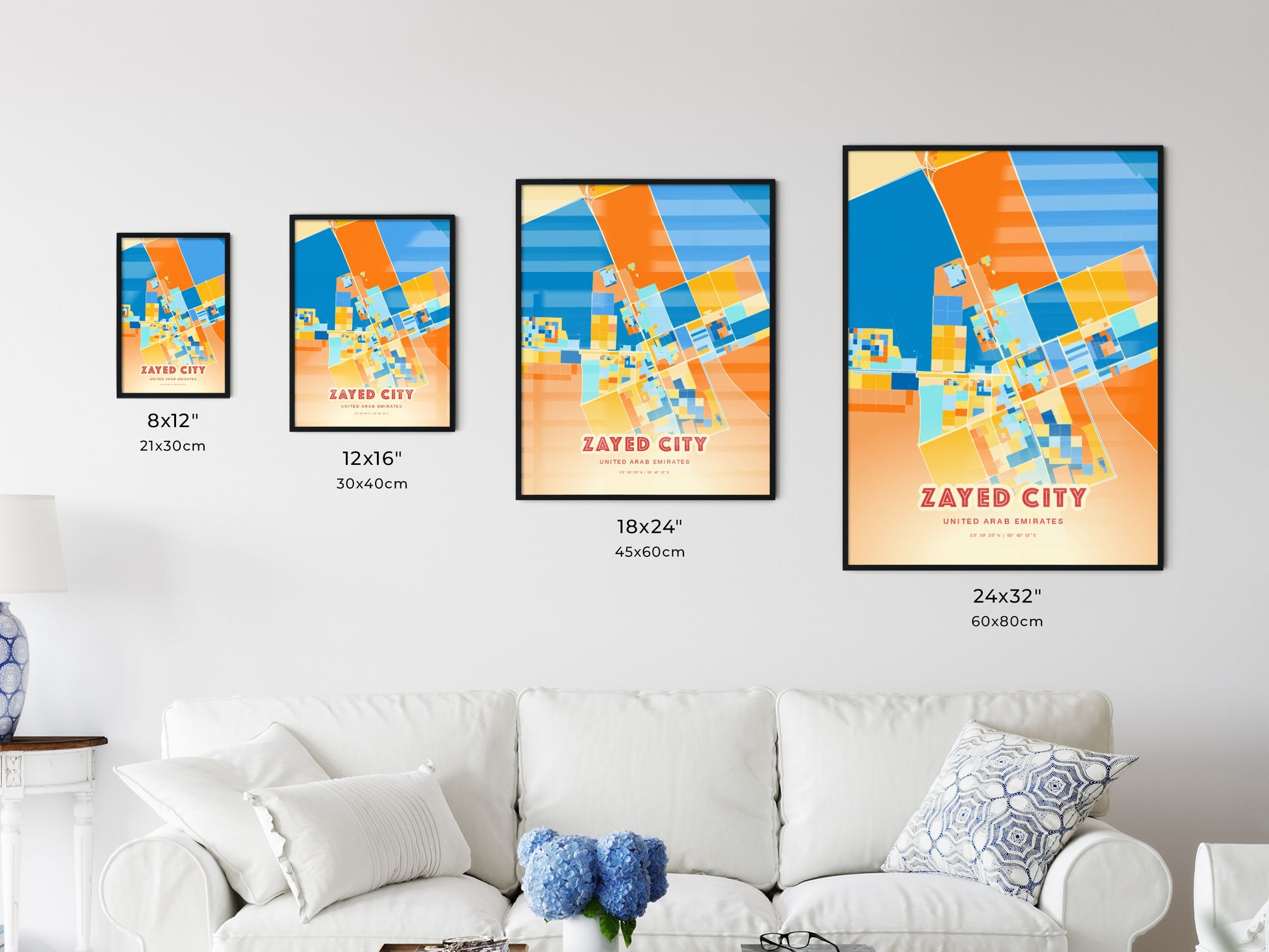 Colorful ZAYED CITY UNITED ARAB EMIRATES Fine Art Map Blue Orange