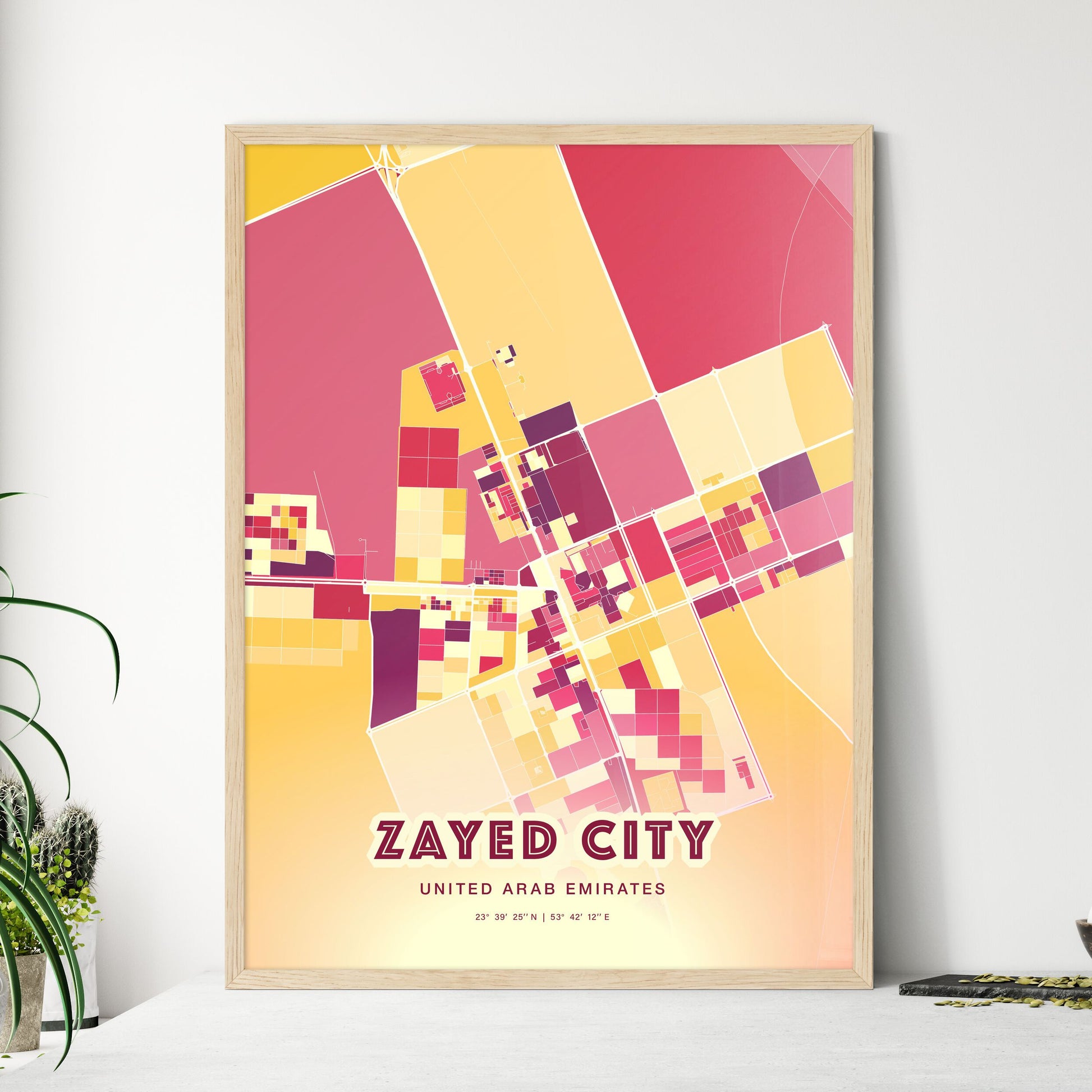 Colorful ZAYED CITY UNITED ARAB EMIRATES Fine Art Map Hot Red