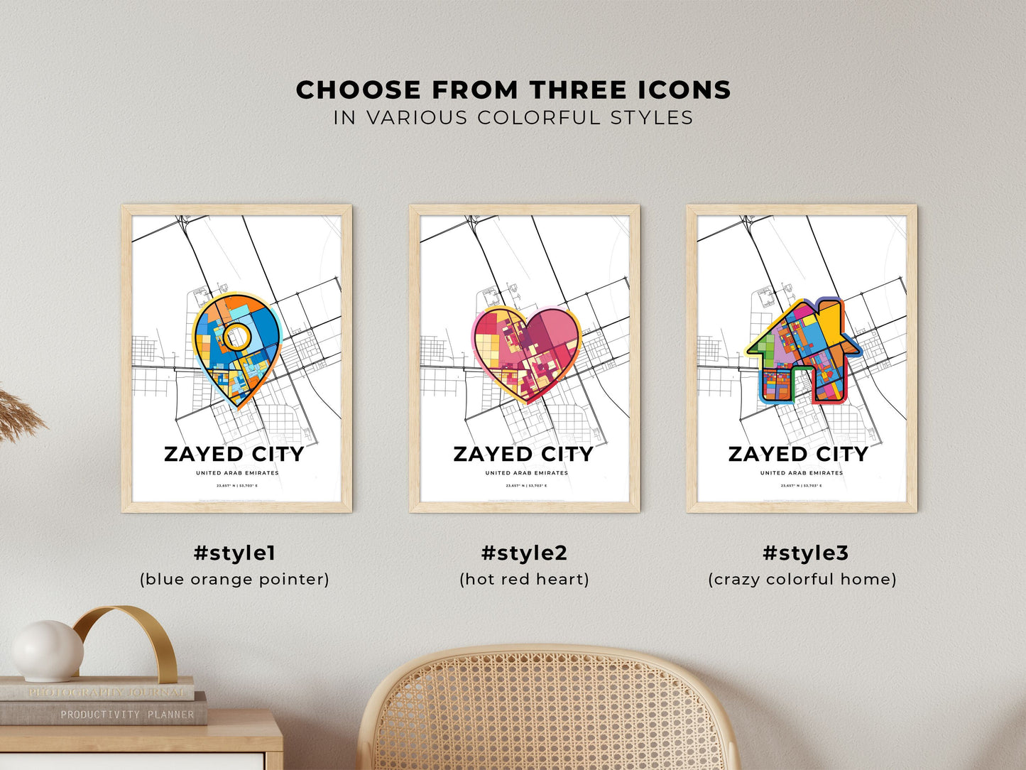 Zayed City United Arab Emirates maps with colorful icons