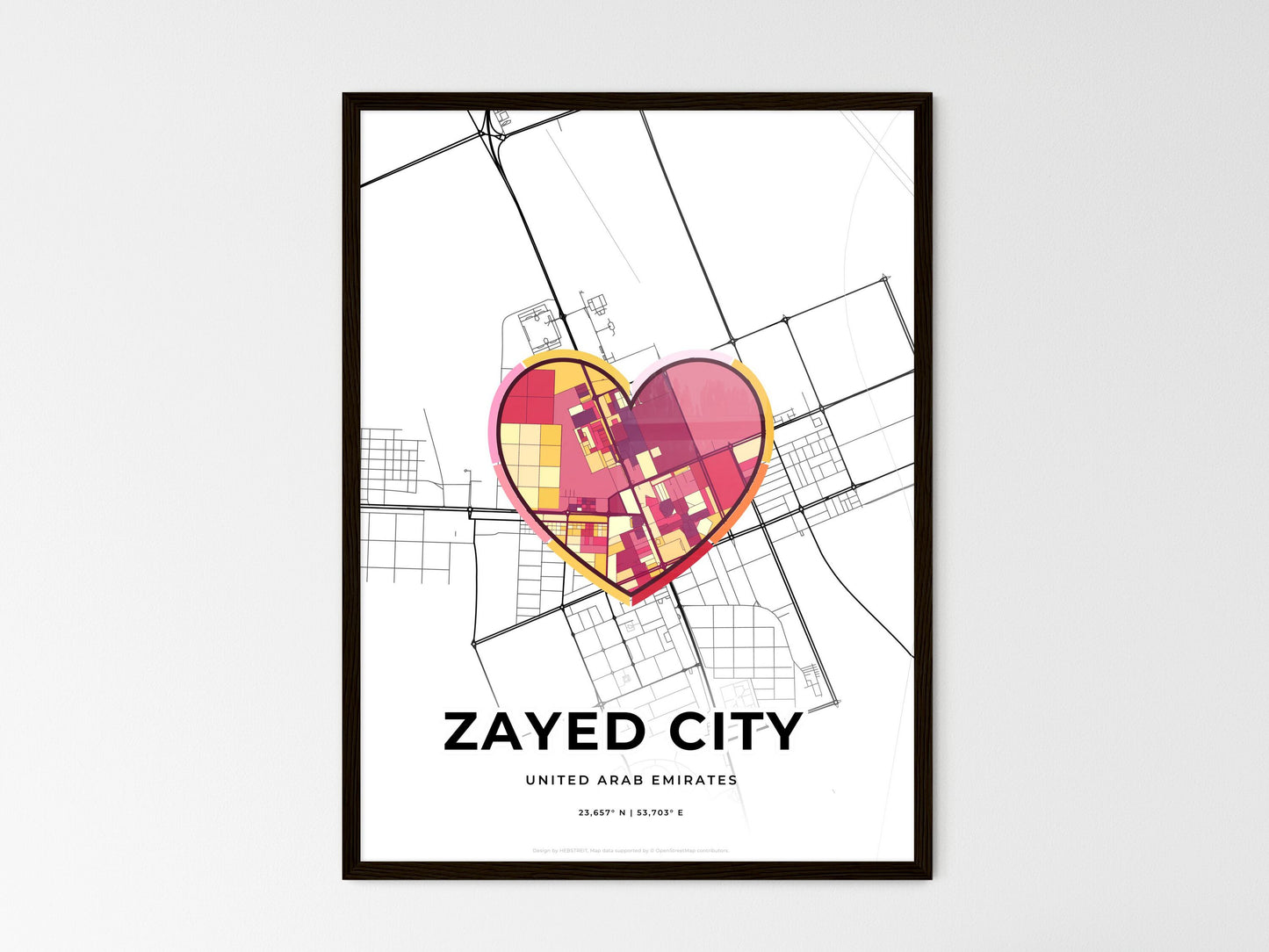 Zayed City United Arab Emirates wedding art map with heart icon