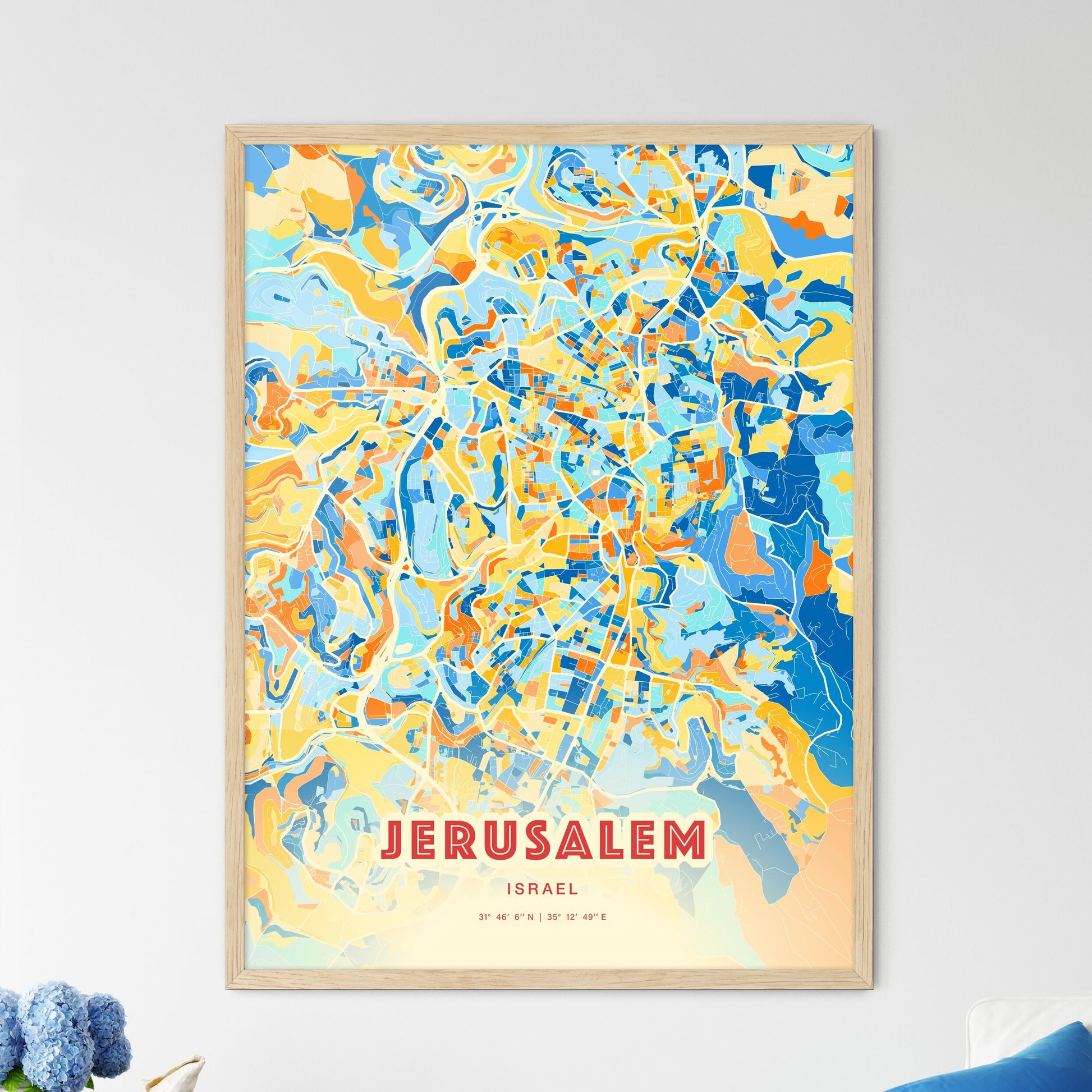 Colorful JERUSALEM ISRAEL Fine Art Map Blue Orange