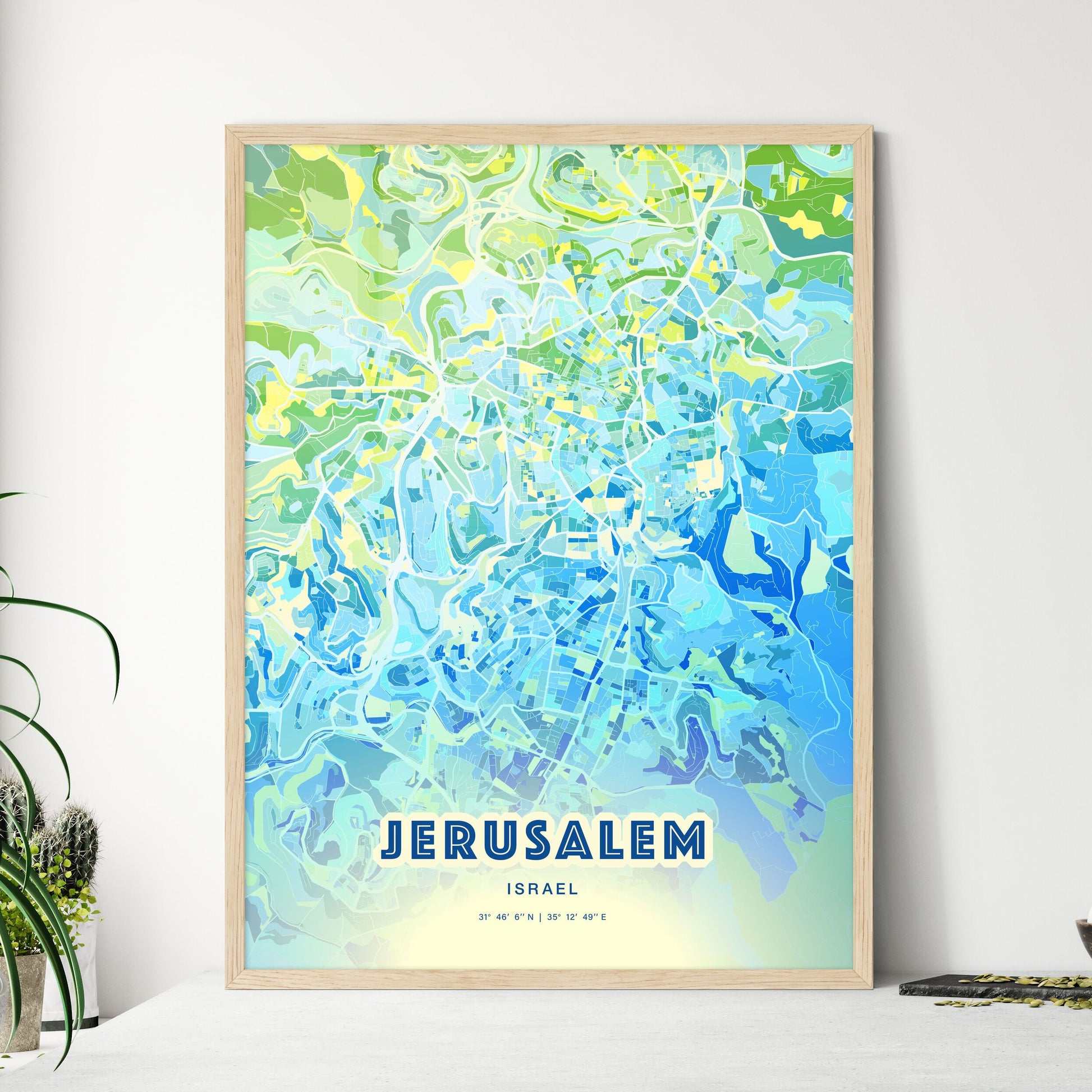 Colorful JERUSALEM ISRAEL Fine Art Map Cool Blue