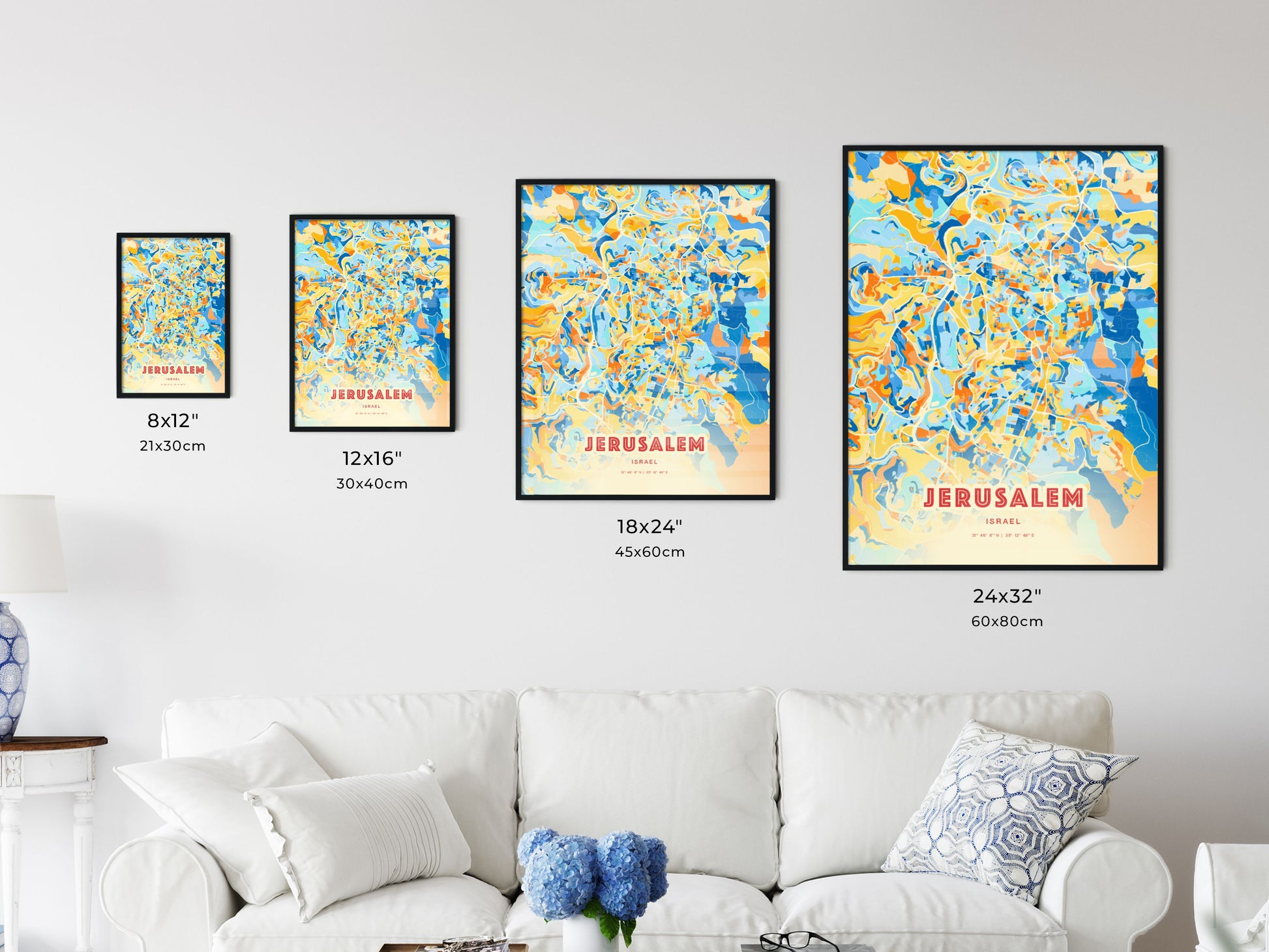 Colorful JERUSALEM ISRAEL Fine Art Map Blue Orange