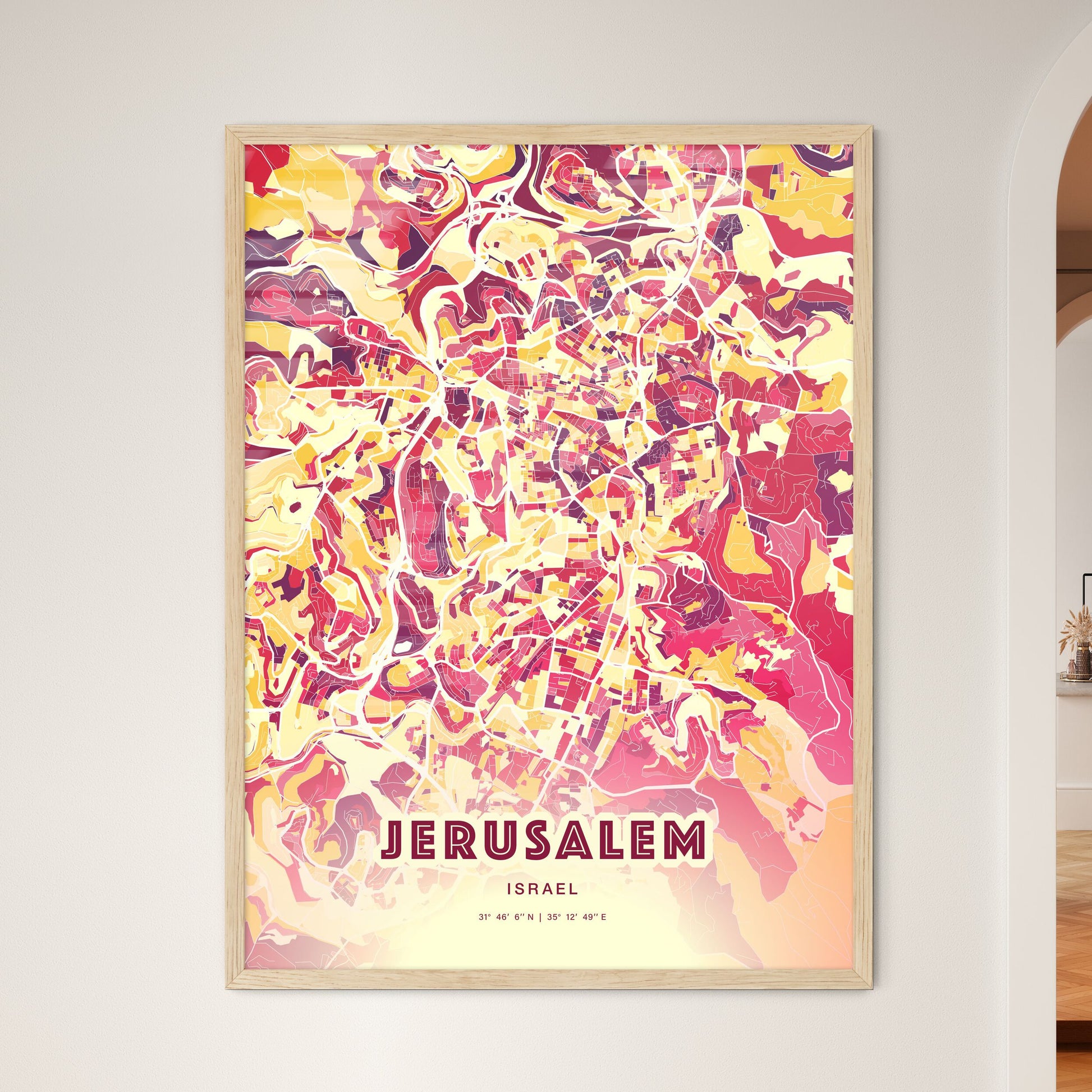 Colorful JERUSALEM ISRAEL Fine Art Map Hot Red