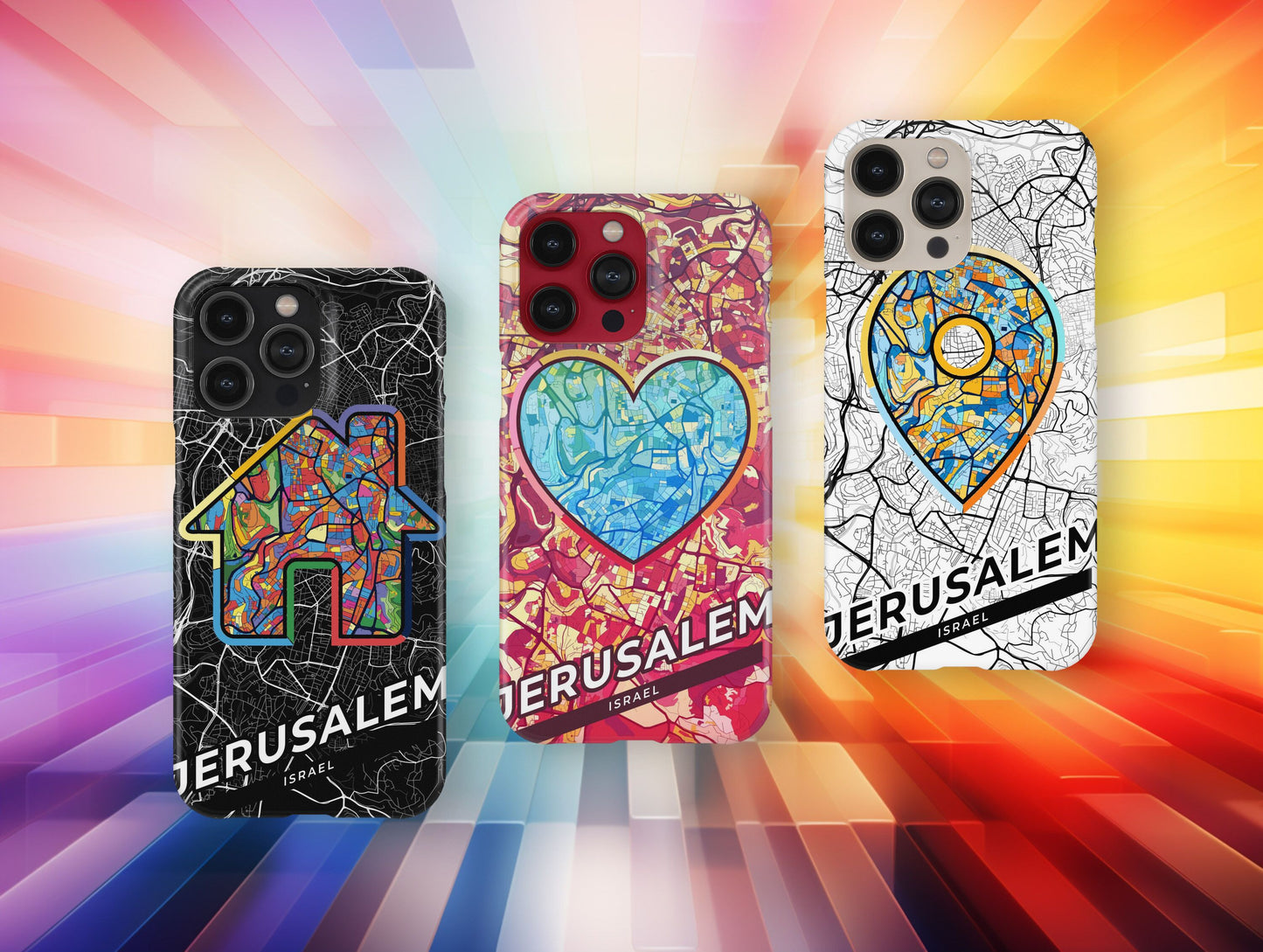 Jerusalem Israel slim phone case with colorful icon. Birthday, wedding or housewarming gift. Couple match cases.