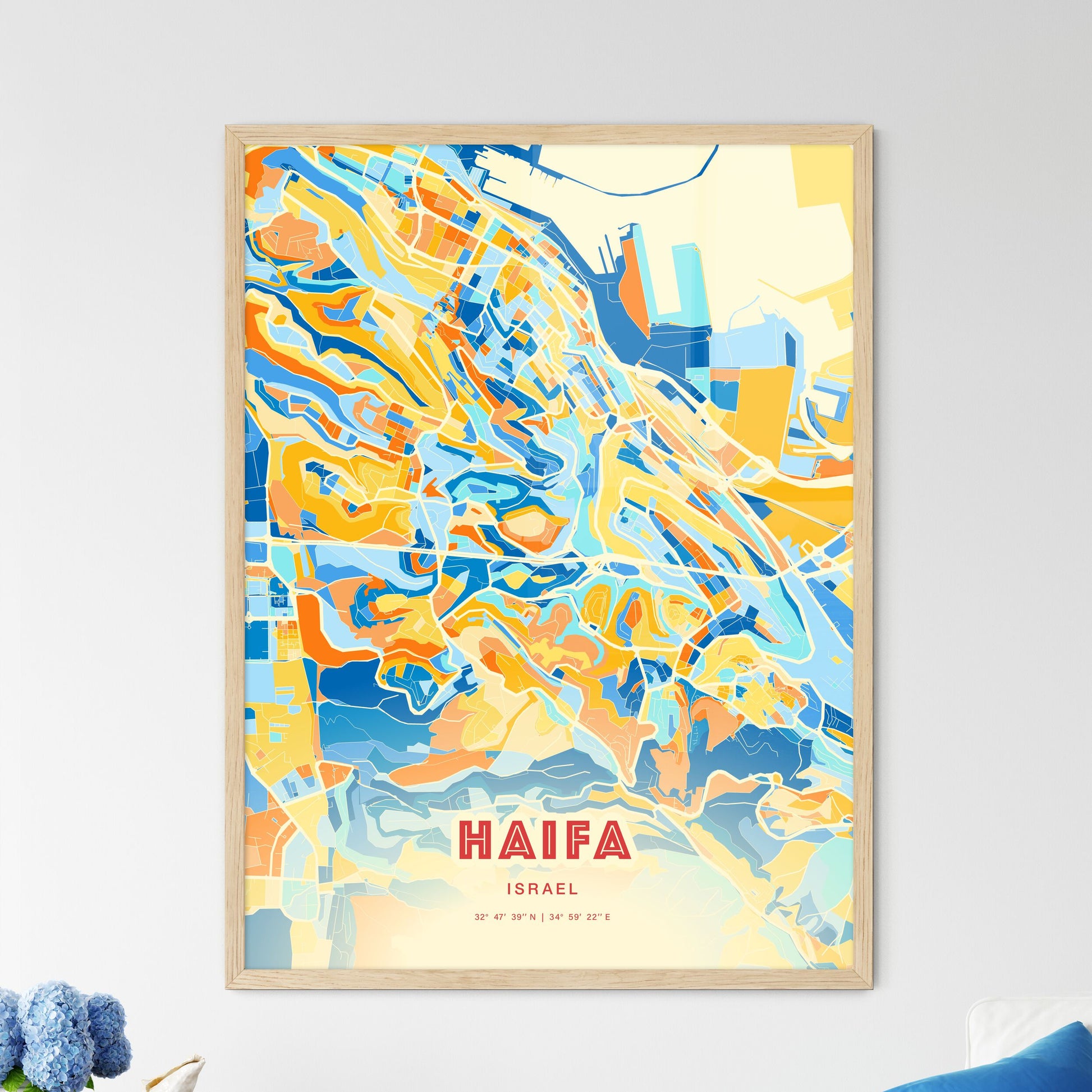 Colorful Haifa Israel Fine Art Map Blue Orange