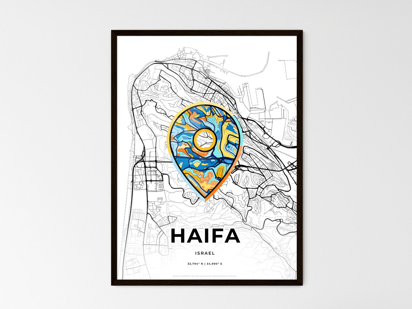 Haifa Israel wedding art map with pointer icon