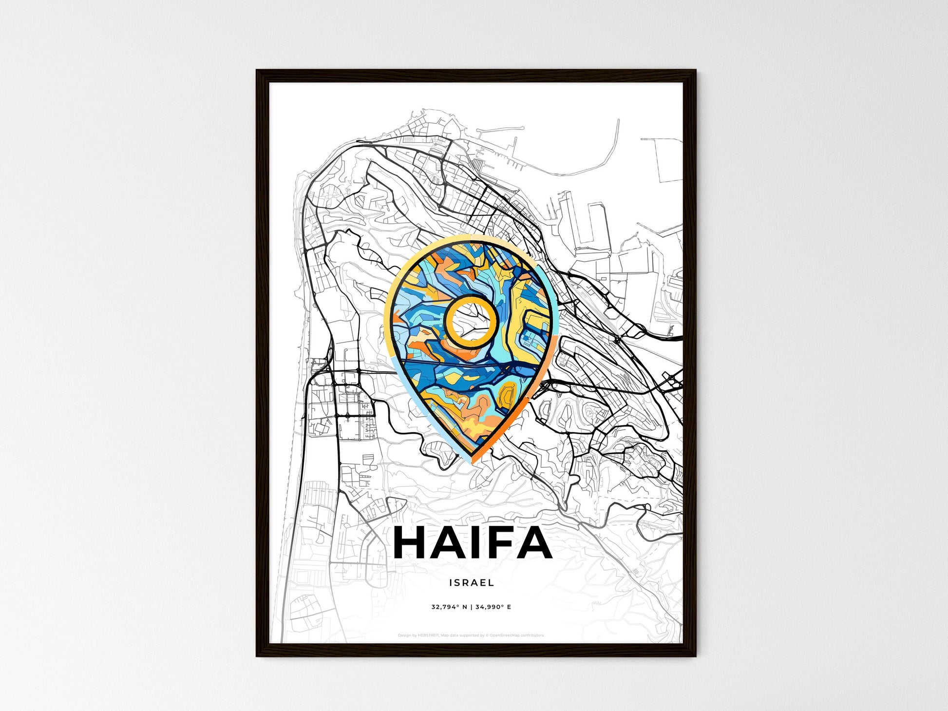 Haifa Israel wedding art map with pointer icon