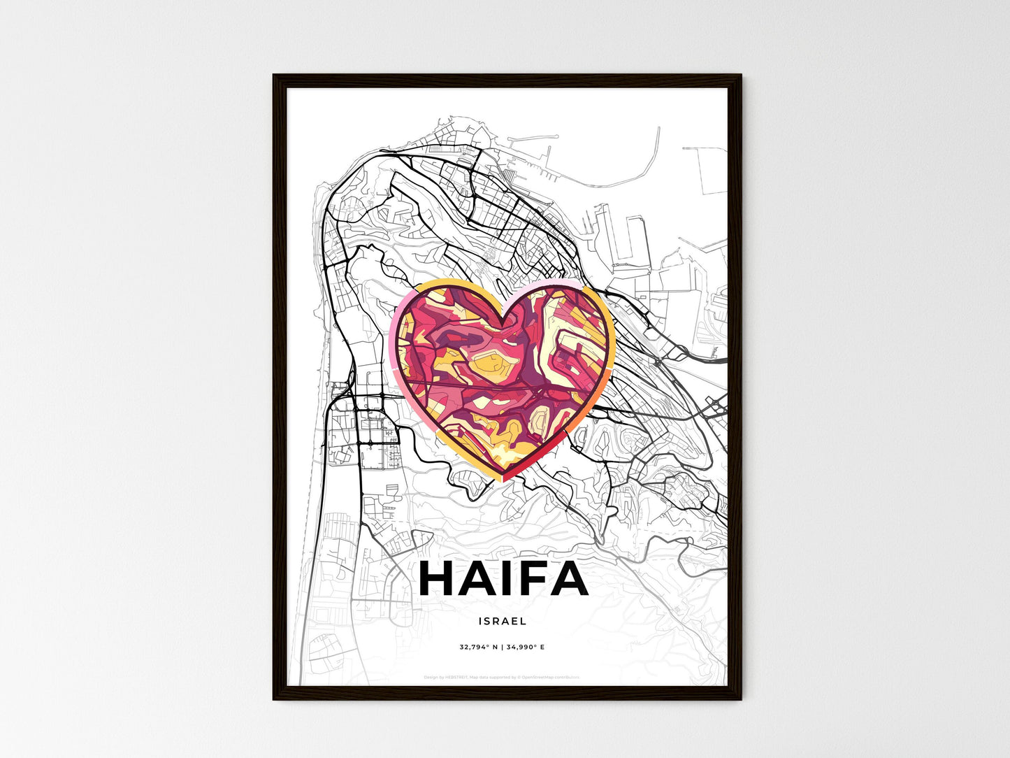 Haifa Israel wedding art map with heart icon