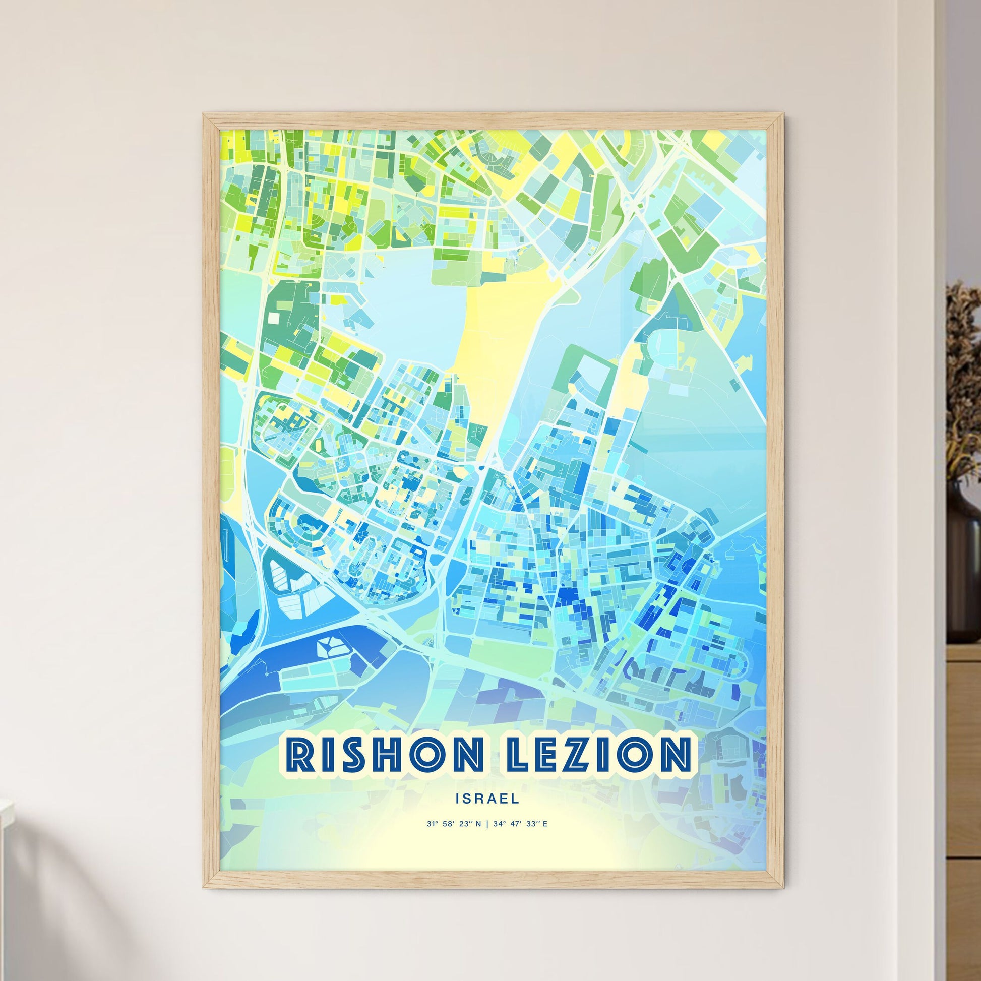 Colorful RISHON LEZION ISRAEL Fine Art Map Cool Blue