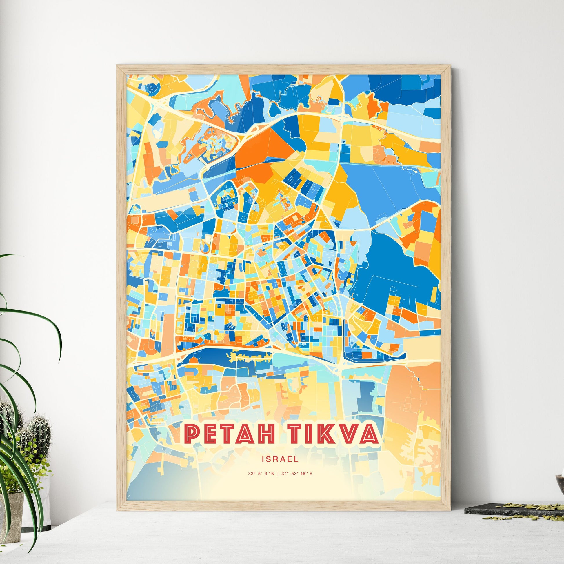 Colorful PETAH TIKVA ISRAEL Fine Art Map Blue Orange