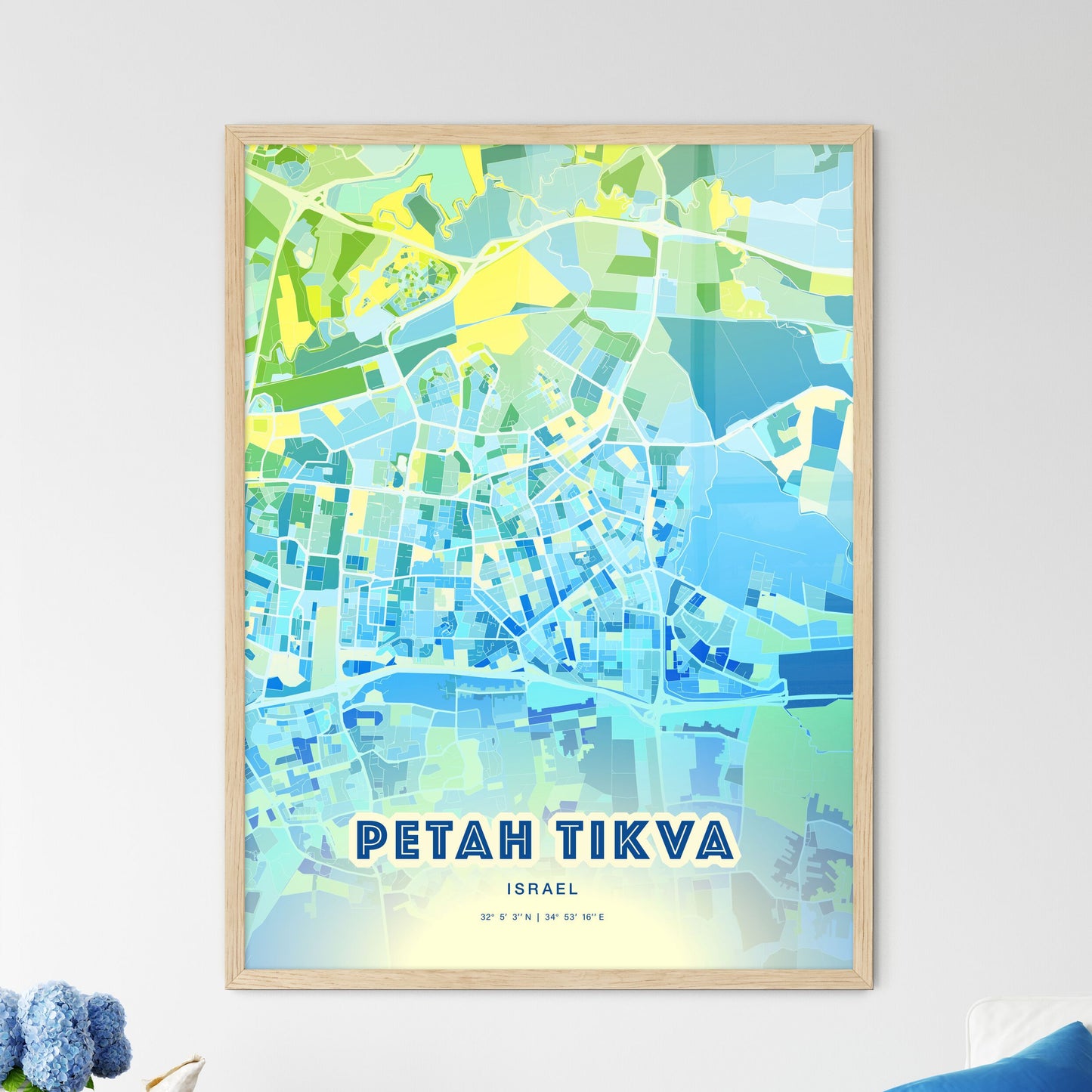 Colorful PETAH TIKVA ISRAEL Fine Art Map Cool Blue