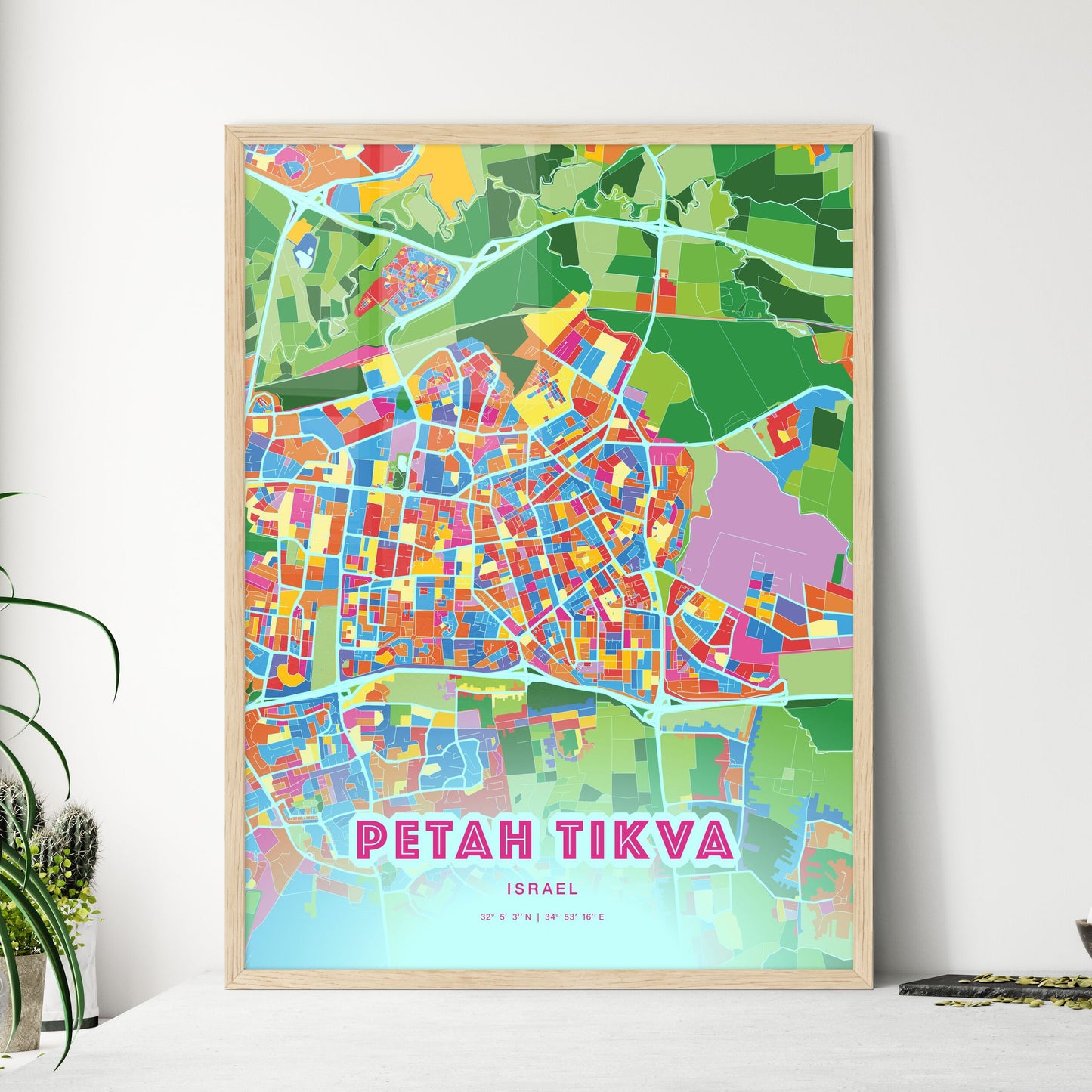 Colorful PETAH TIKVA ISRAEL Fine Art Map Crazy Colors