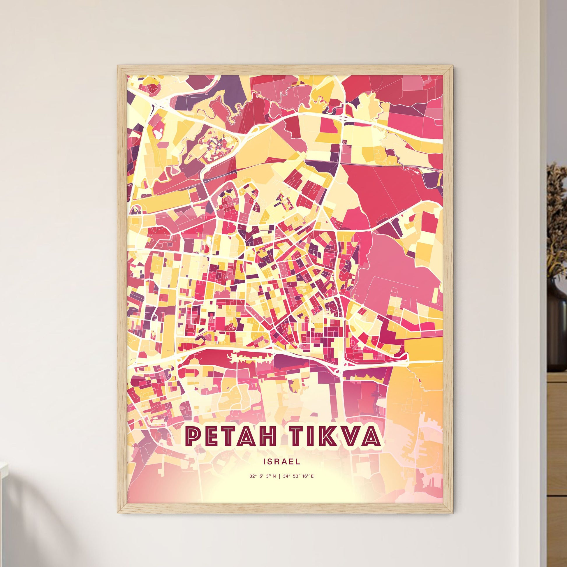 Colorful PETAH TIKVA ISRAEL Fine Art Map Hot Red