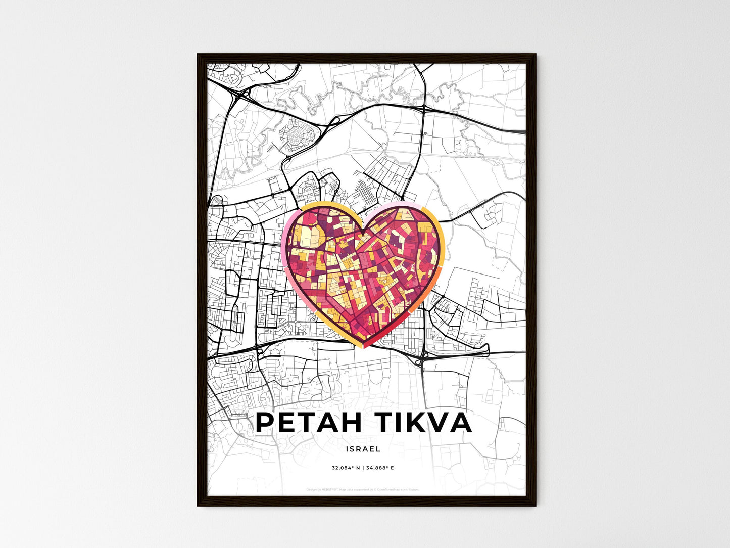 Petah Tikva Israel wedding art map with heart icon