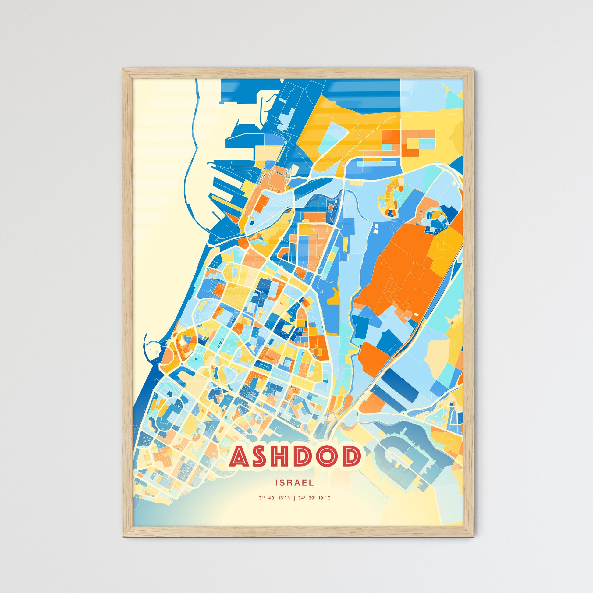 Colorful Ashdod Israel Fine Art Map Blue Orange