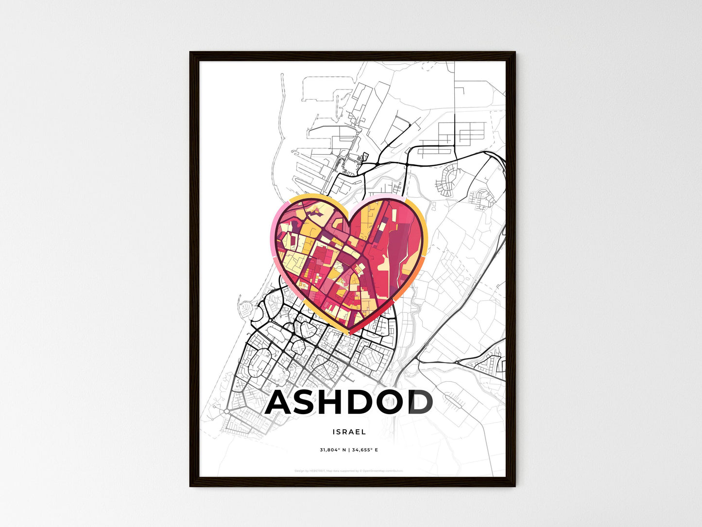 Ashdod Israel wedding art map with heart icon