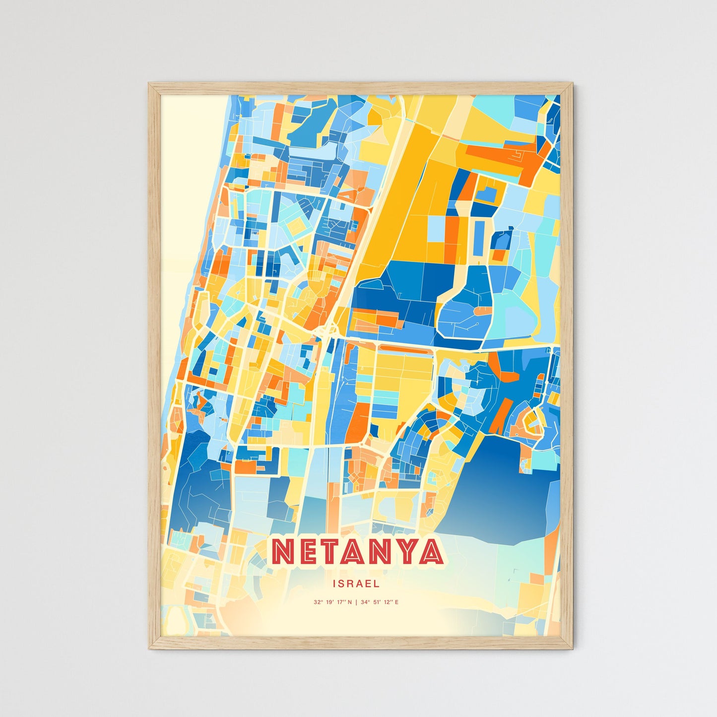 Colorful NETANYA ISRAEL Fine Art Map Blue Orange