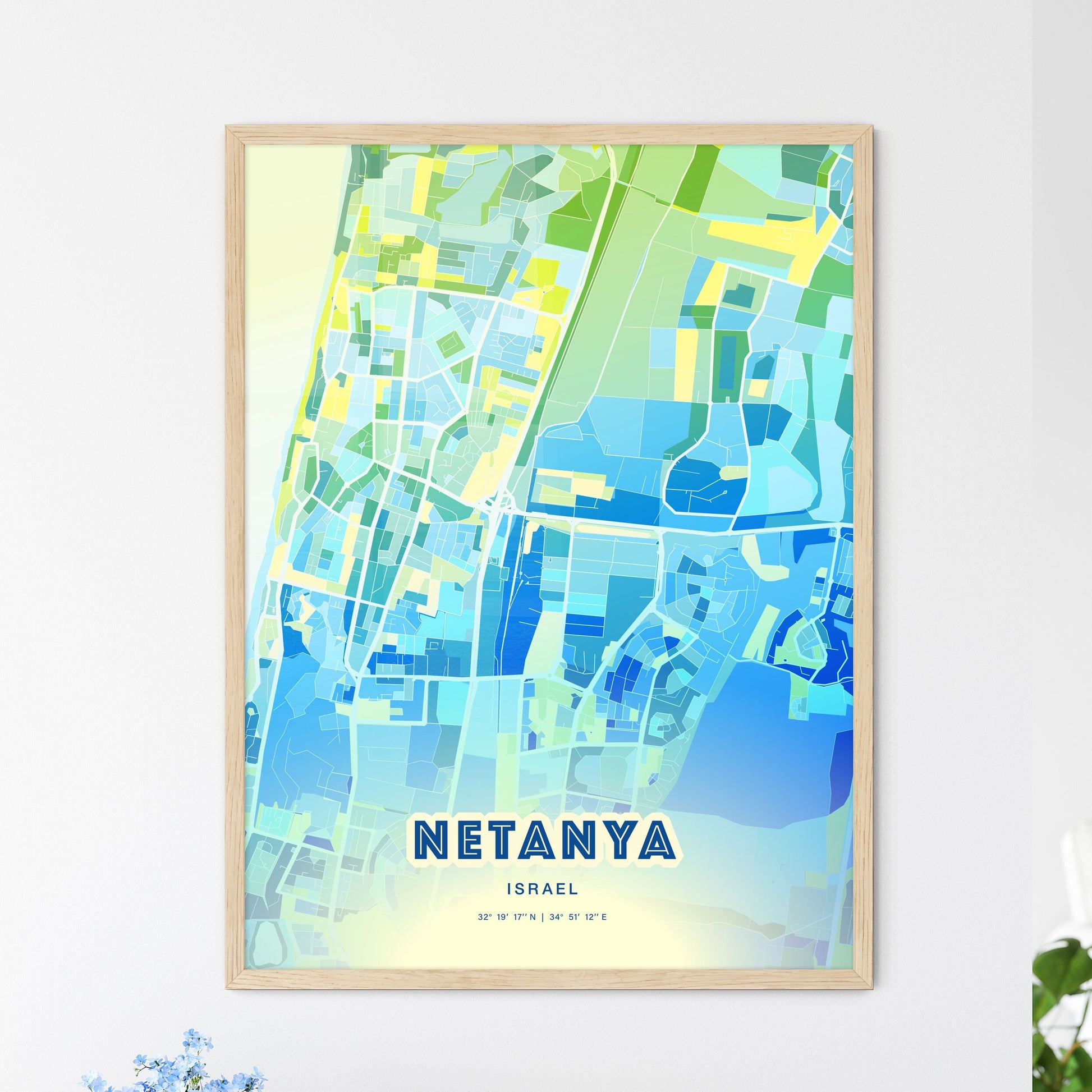 Colorful NETANYA ISRAEL Fine Art Map Cool Blue