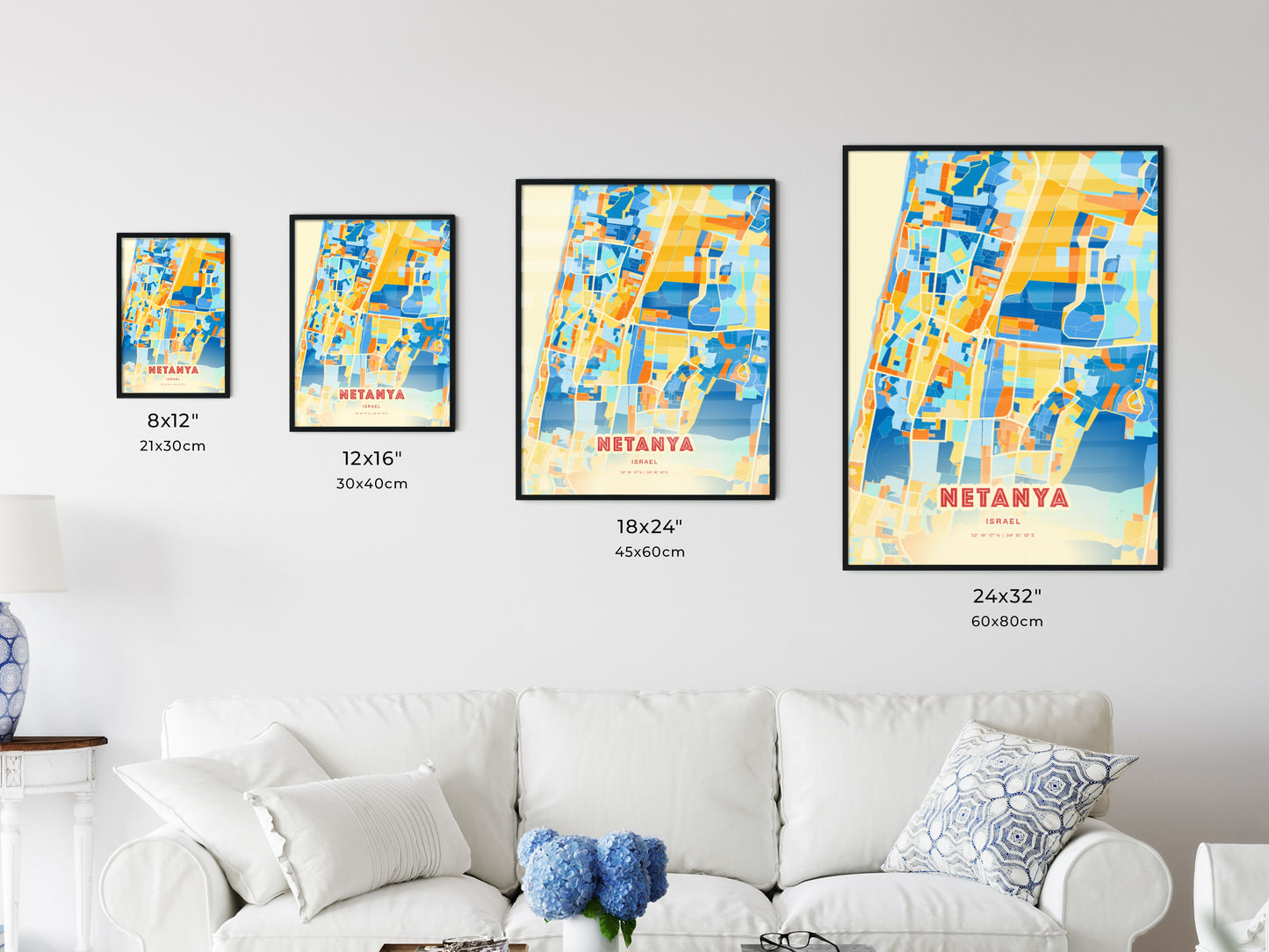 Colorful NETANYA ISRAEL Fine Art Map Blue Orange