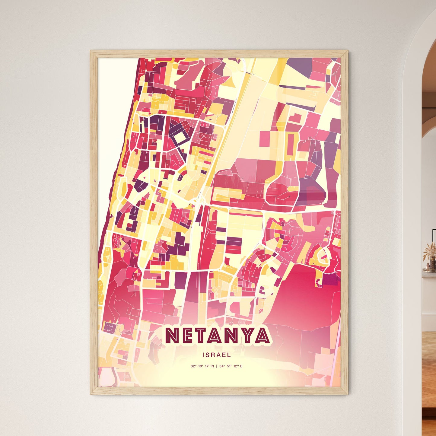 Colorful NETANYA ISRAEL Fine Art Map Hot Red