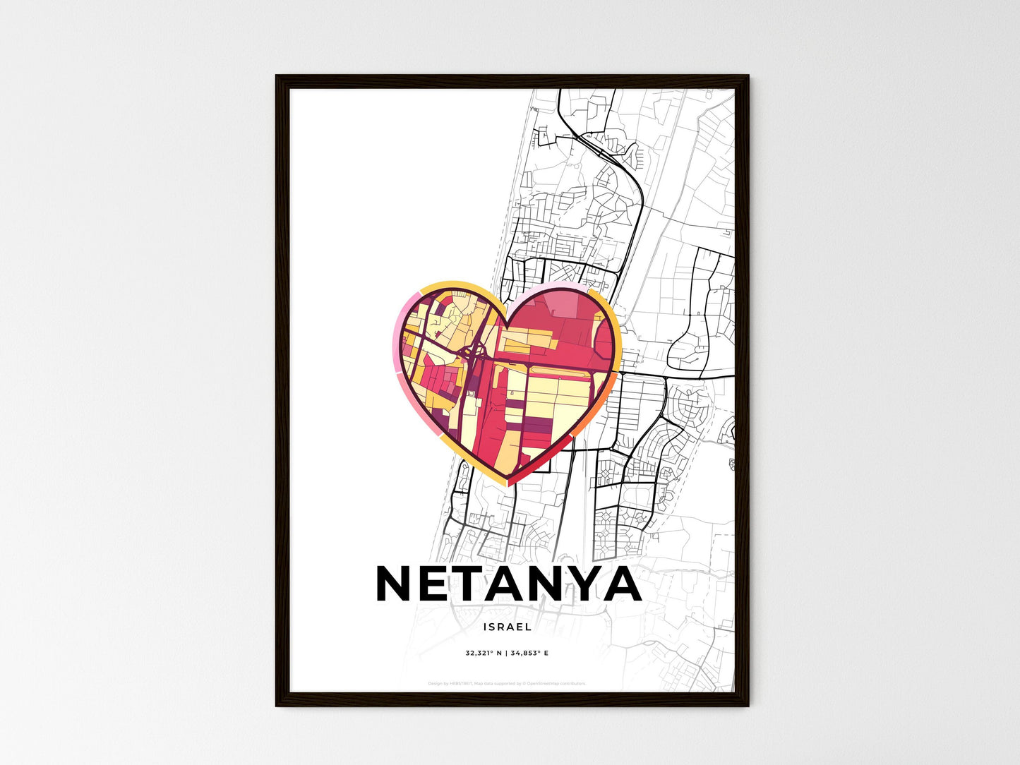 Netanya Israel wedding art map with heart icon