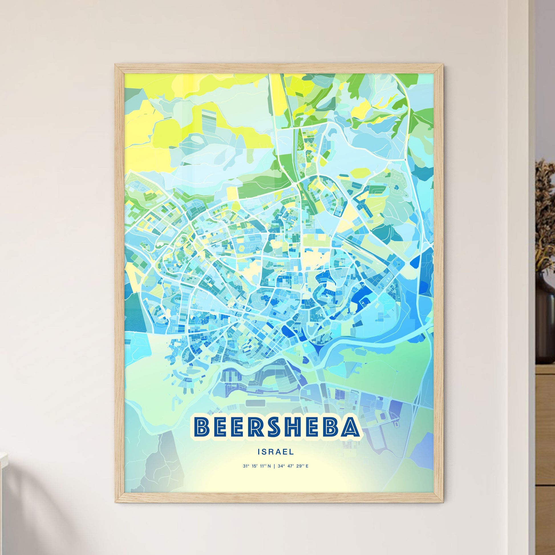 Colorful BEERSHEBA ISRAEL Fine Art Map Cool Blue