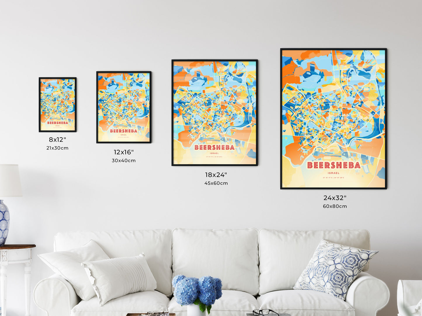 Colorful BEERSHEBA ISRAEL Fine Art Map Blue Orange