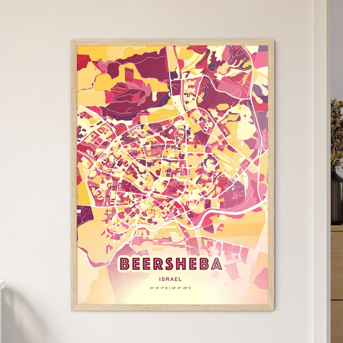 Colorful BEERSHEBA ISRAEL Fine Art Map Hot Red