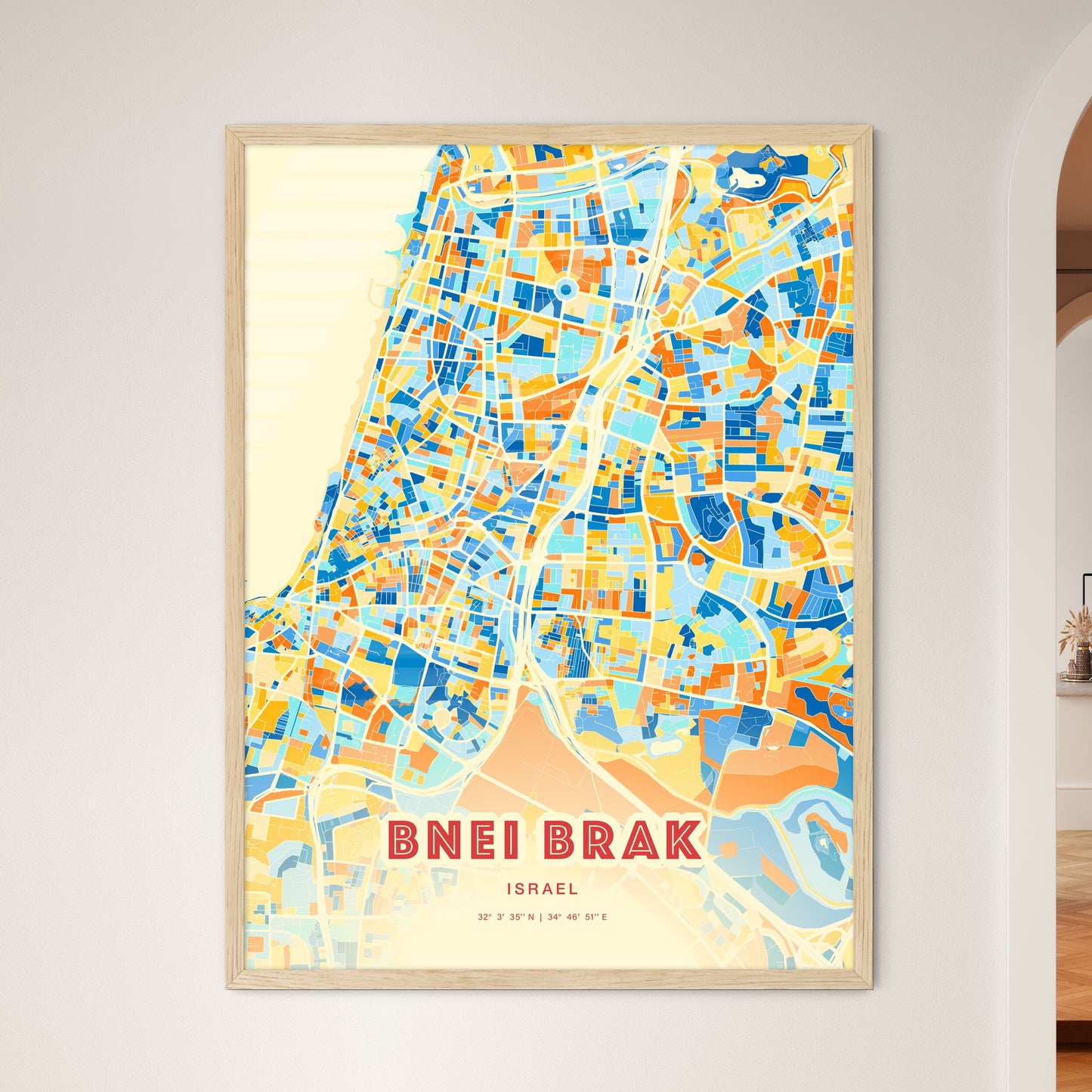 Colorful Bnei Brak Israel Fine Art Map Blue Orange
